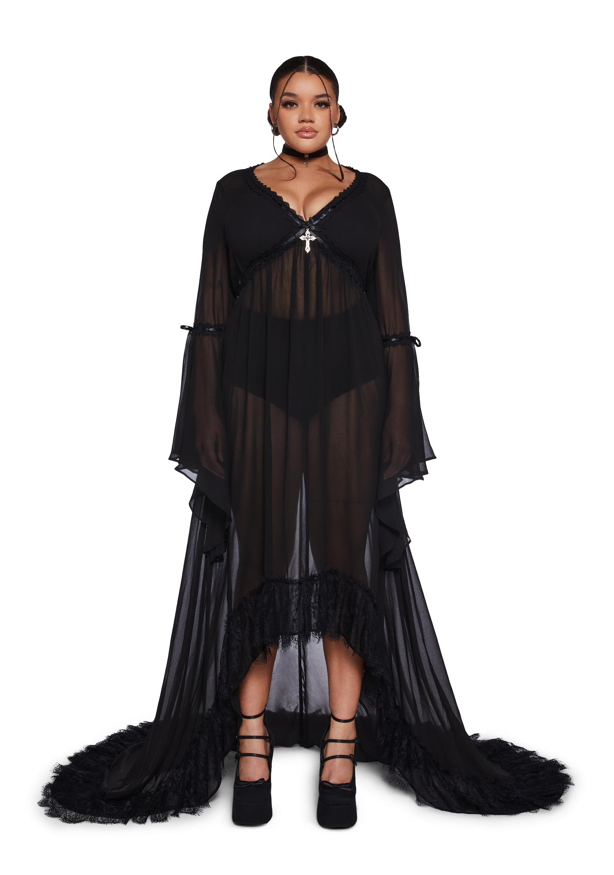 Widow Sheer Chiffon Maxi Dress With Ribbons And Sleeves Vampire - Black Dolls Kill Widow Sheer Chiffon Maxi Dress With Ribbons And Sleeves Vampire - Black Dolls Kill