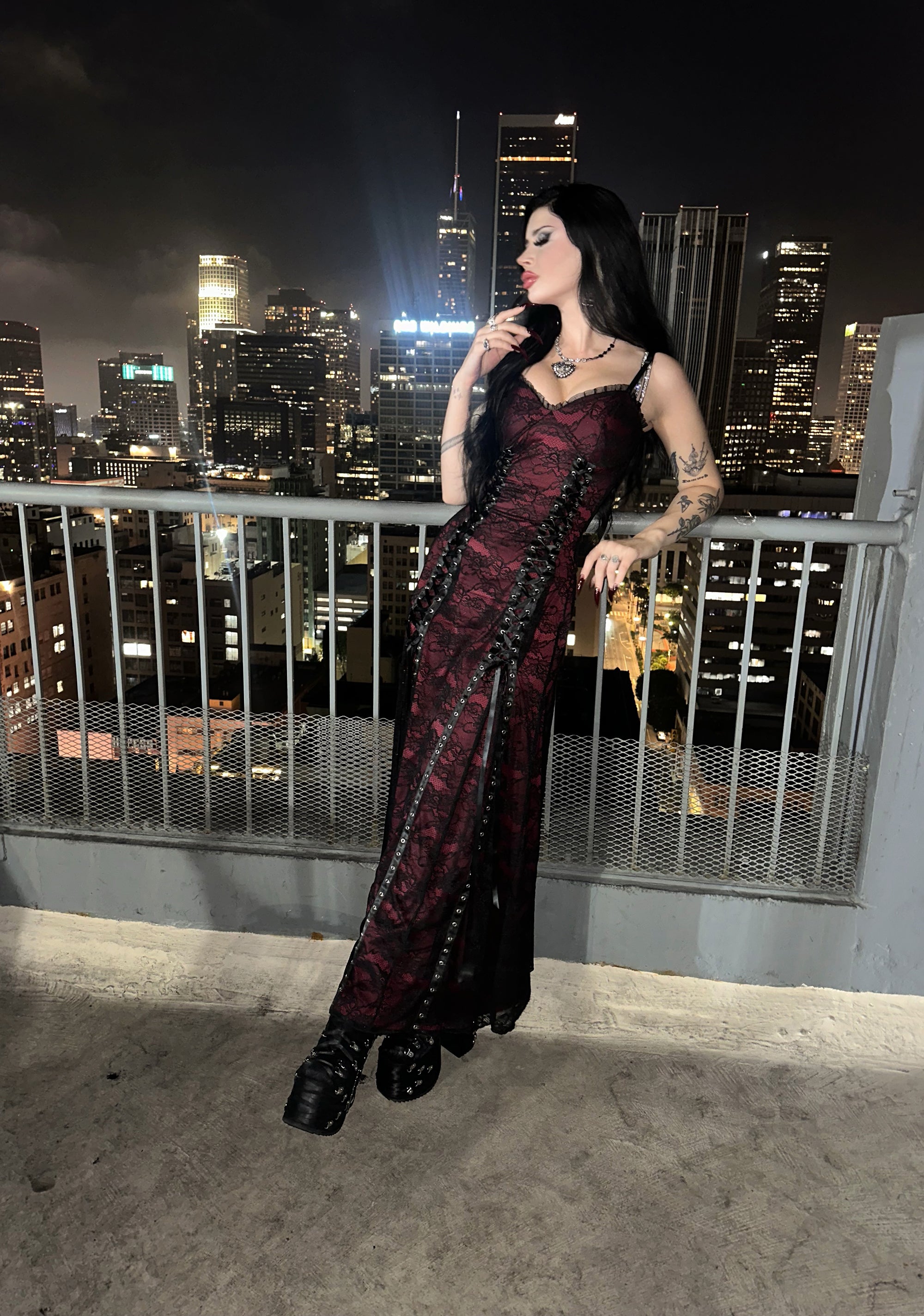 Widow Vampire Goth Stretchy Satin Lace Ribbon Lace-Up Maxi Dress