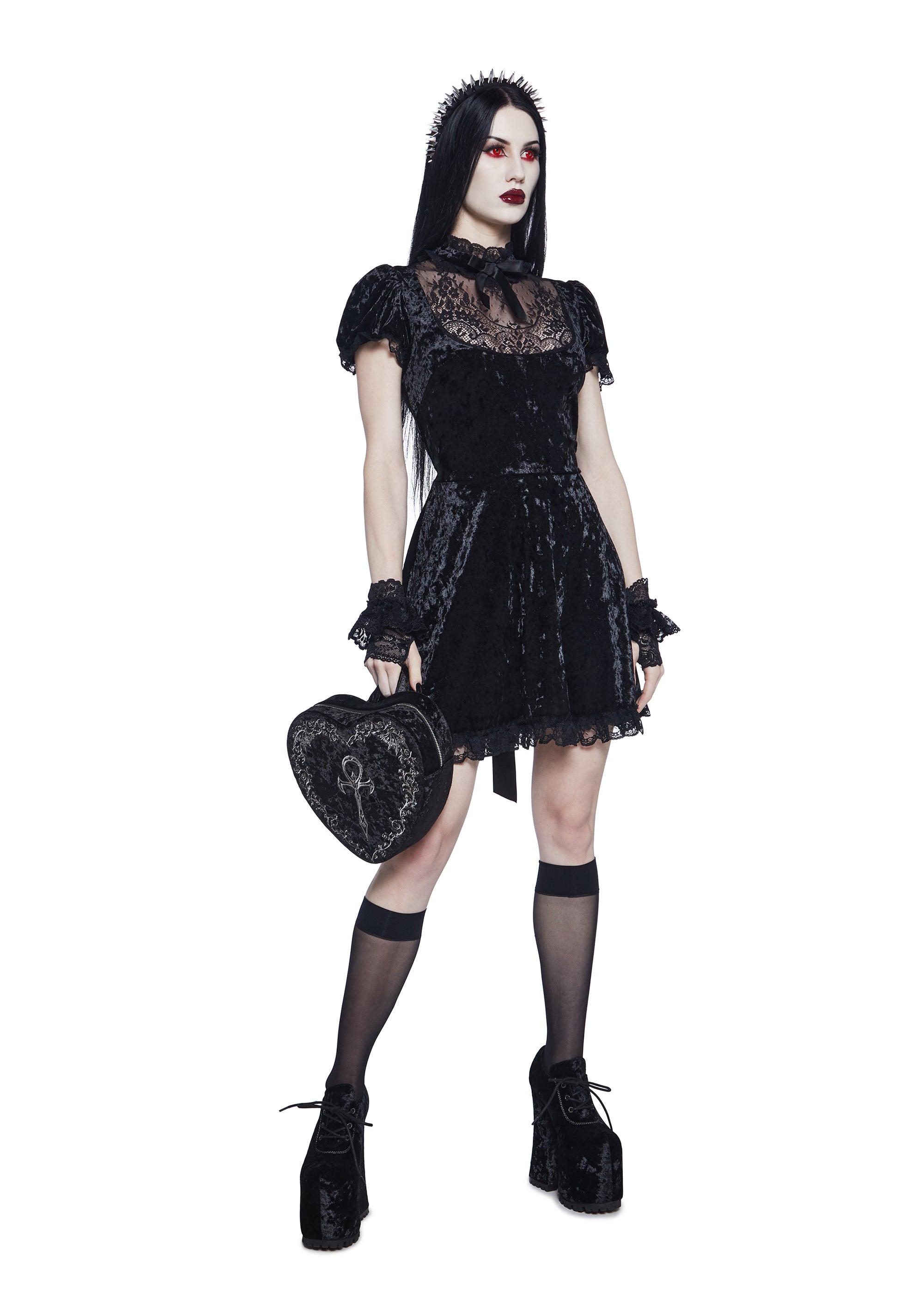 Widow Vampire Goth Velvet Sheer Floral Lace Ribbon Bow Babydoll Mini Dress - Black Dolls Kill Widow Vampire Goth Velvet Sheer Floral Lace Ribbon Bow Babydoll Mini Dress - Black Dolls Kill
