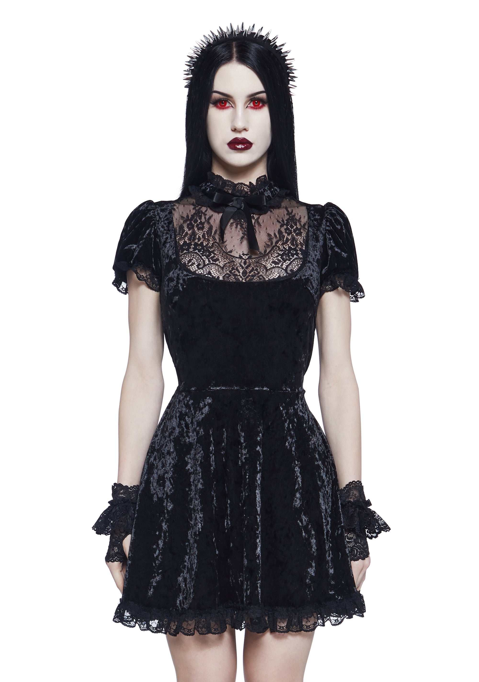Widow Vampire Goth Velvet Sheer Floral Lace Ribbon Bow Babydoll Mini Dress