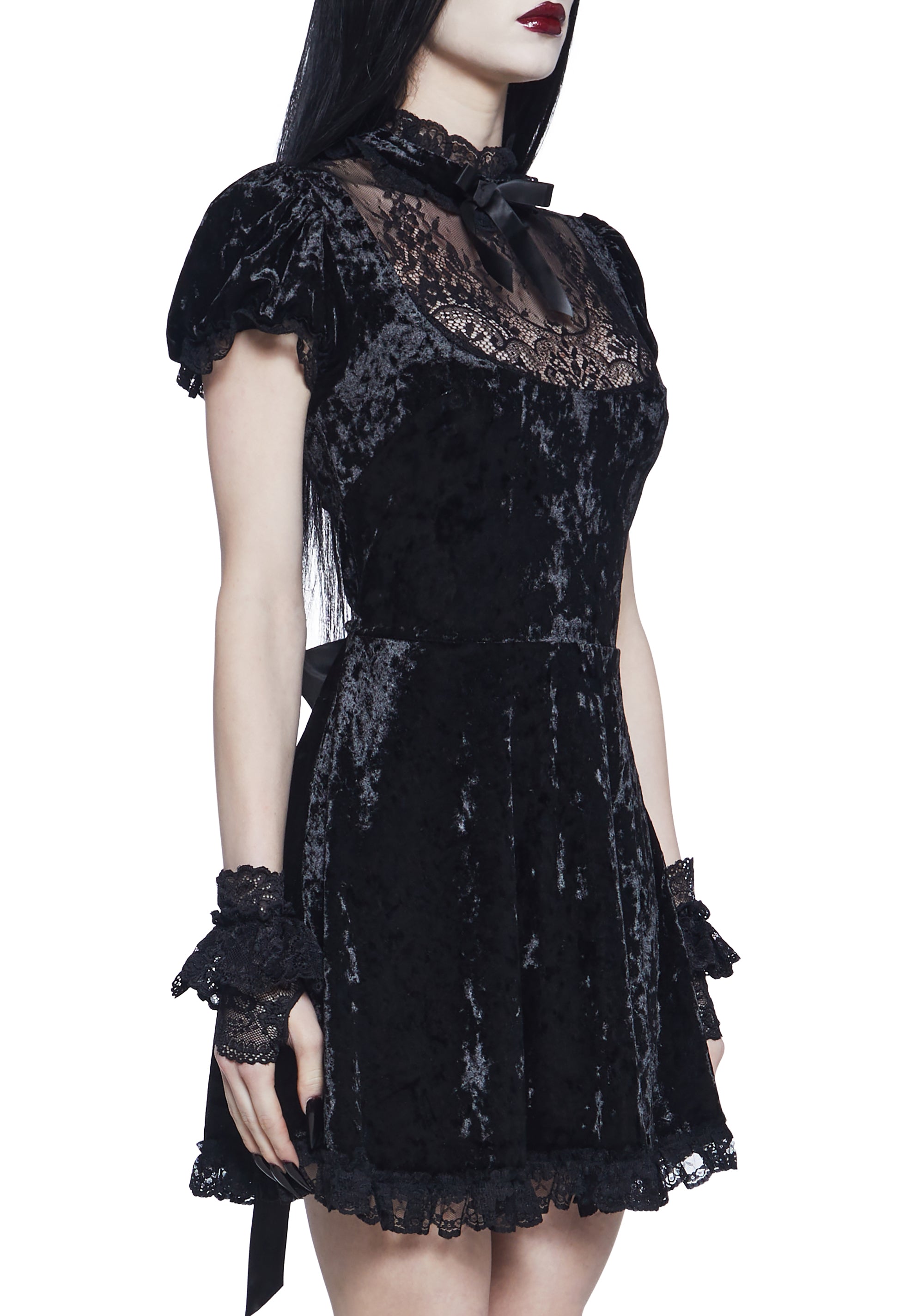 Widow Vampire Goth Velvet Sheer Floral Lace Ribbon Bow Babydoll Mini Dress 