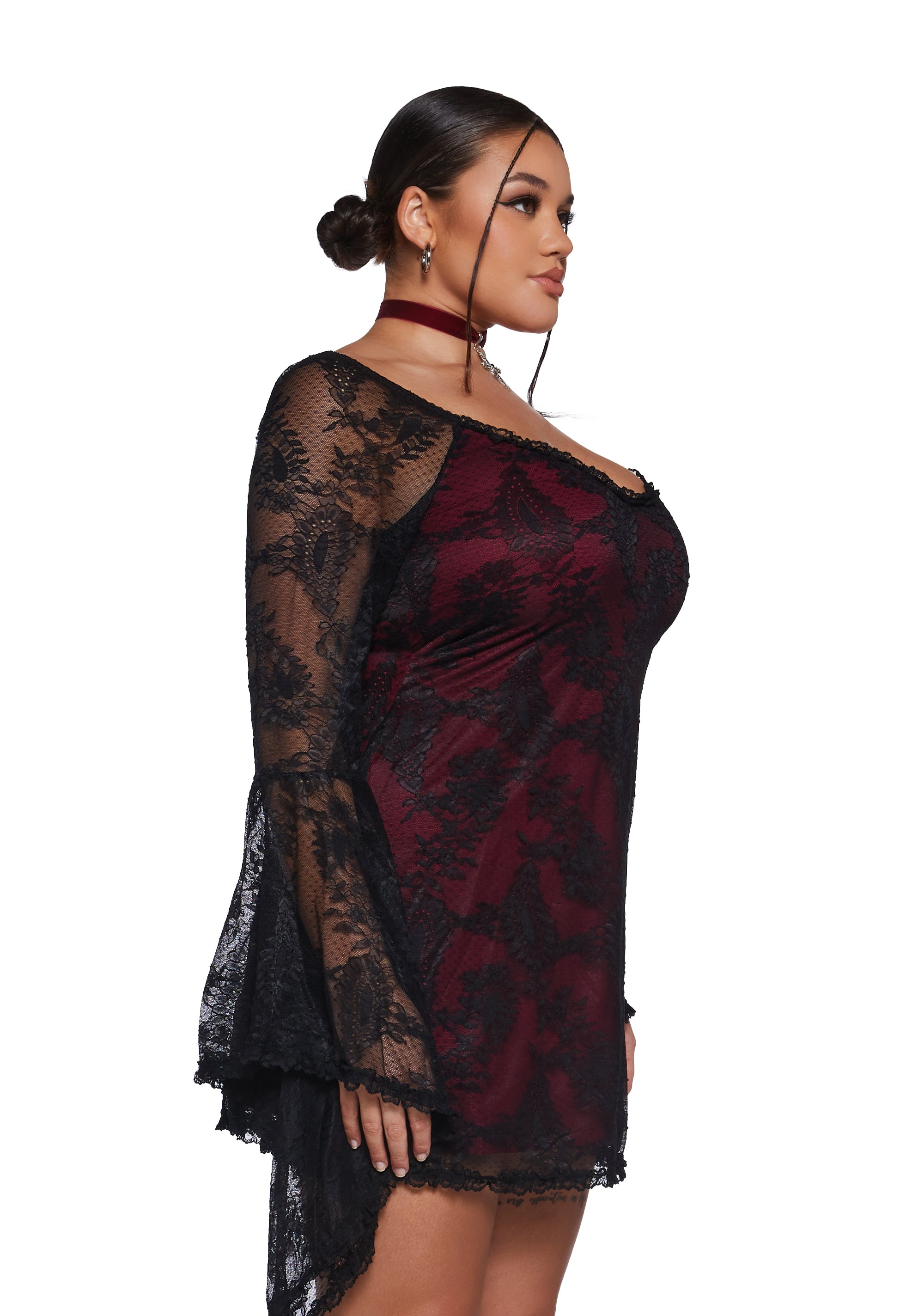 Widow Vampire Goth Stretchy Satin Lace Long Asymmetrical Bell Sleeves Bodycon  Dress - Red  Dolls Kill