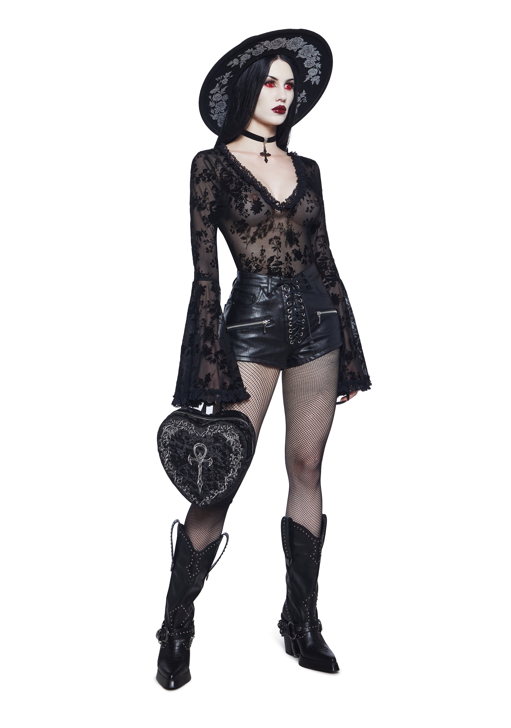Widow Mesh Bodysuit With Flocked Floral Designs - Black