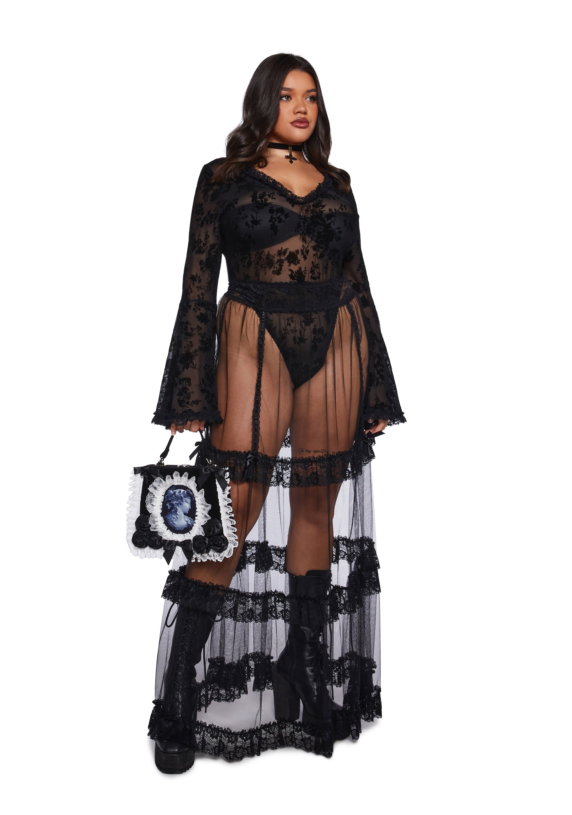 knee length dresses for ladies Widow Mesh Bodysuit With Flocked Floral Designs