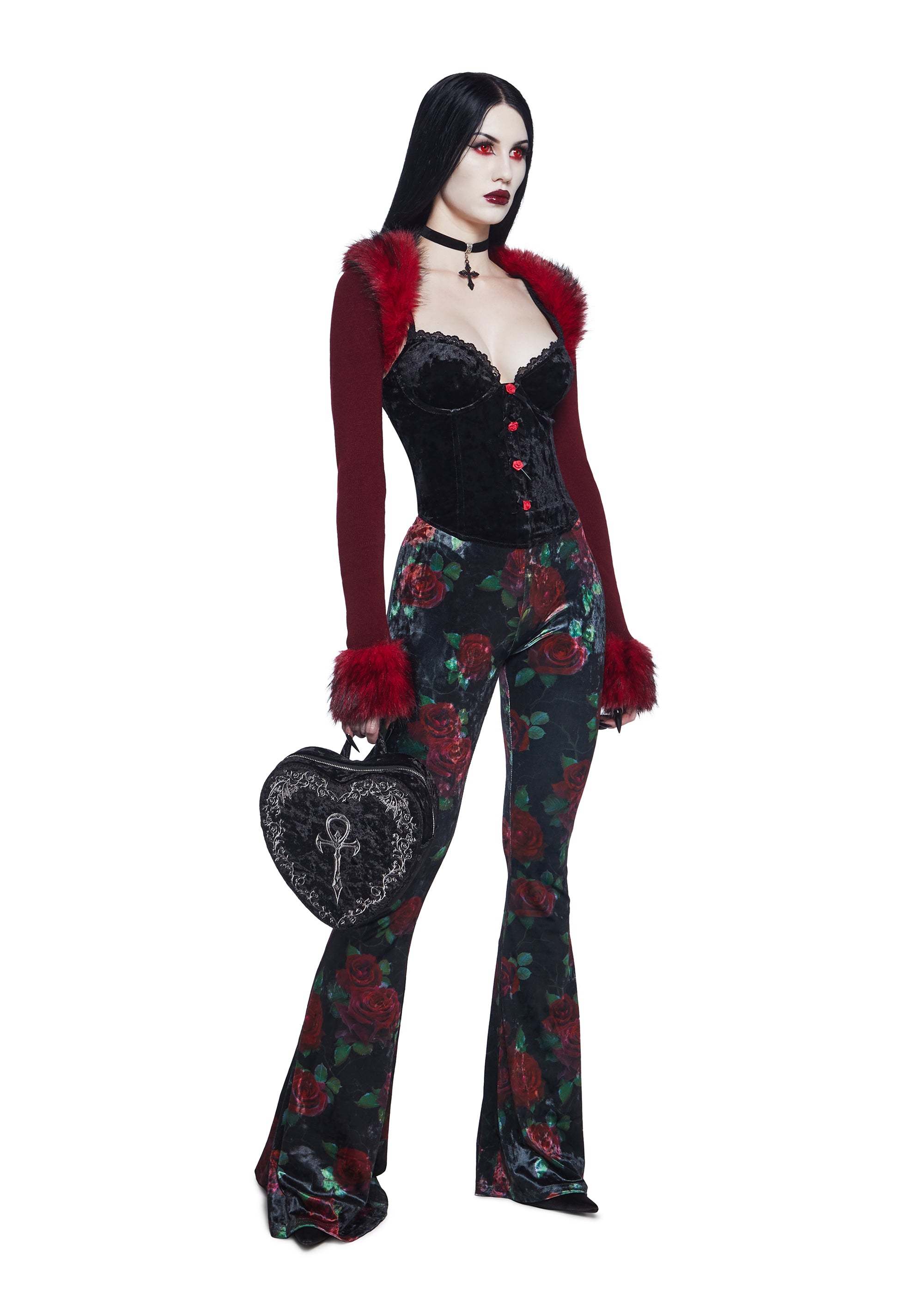 Widow Vampire Goth Stretchy Knit Faux Fur Trim Shrug - Dark Red