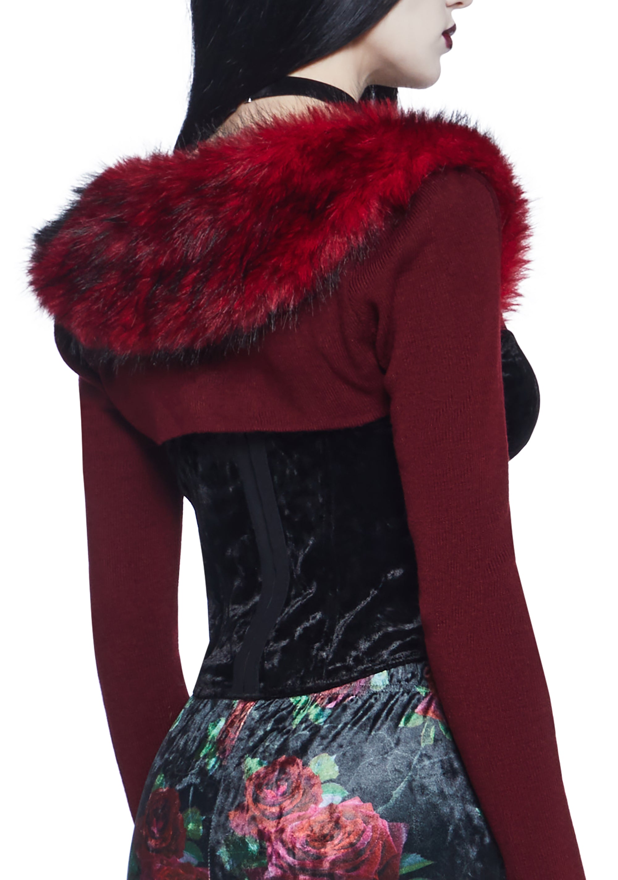 Widow Vampire Goth Stretchy Knit Faux Fur Trim Shrug Dark Red