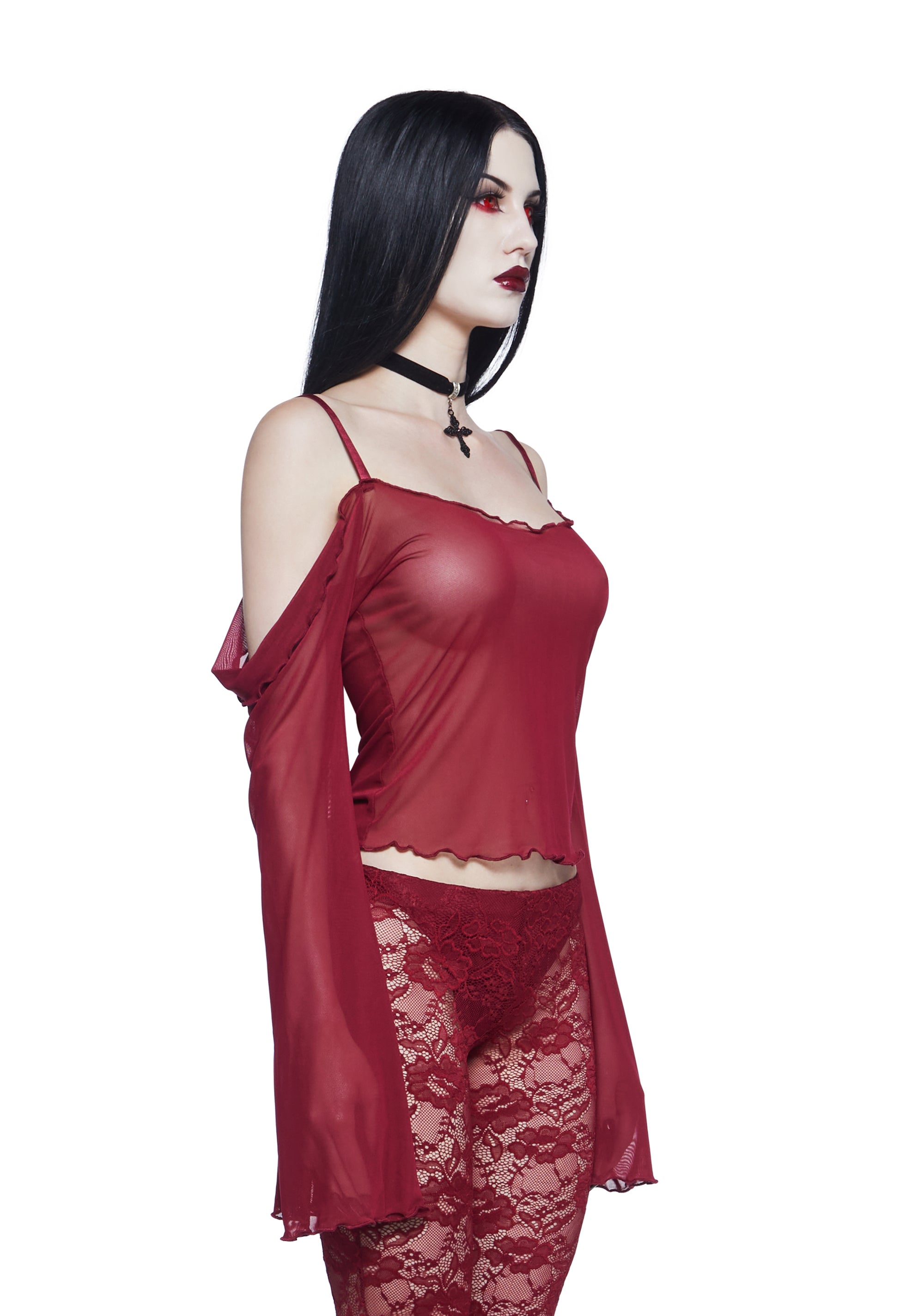 Widow Vampire Goth Sheer Chiffon Mesh Open Shoulder Long