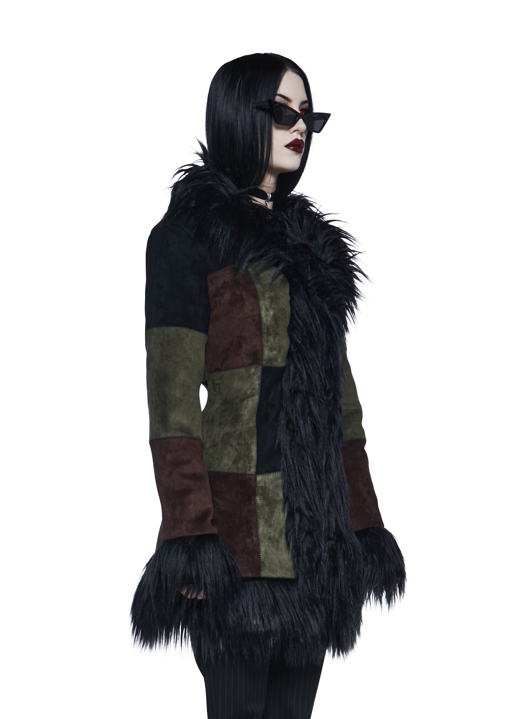 Widow Vampire Goth Faux Suede Faux Fur Trim Patchwork Coat