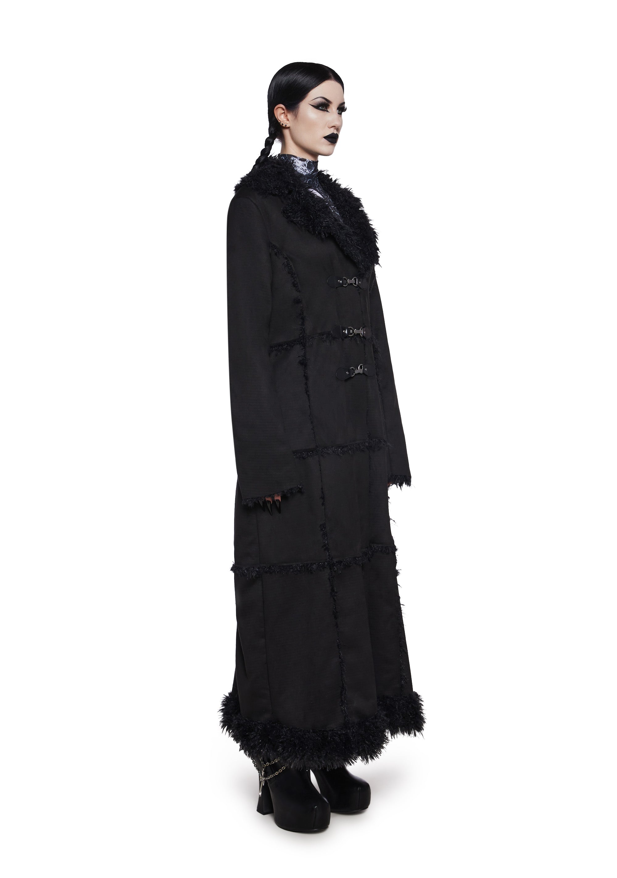 Faux Suede Faux Fur Patchwork Maxi Coat Widow - Black – Dolls Kill