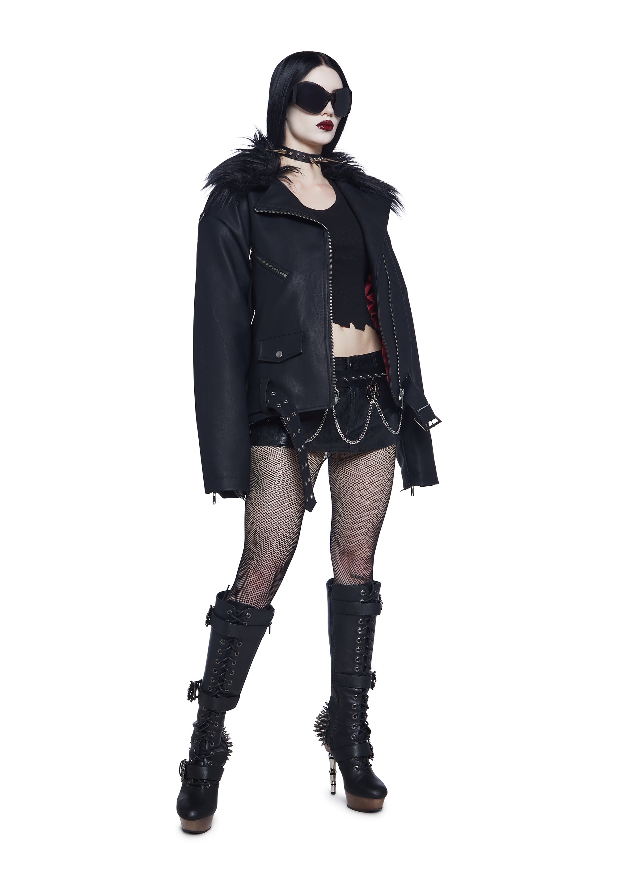 Widow Vampire Goth Vegan Leather Faux Fur Trim Moto Jacket
