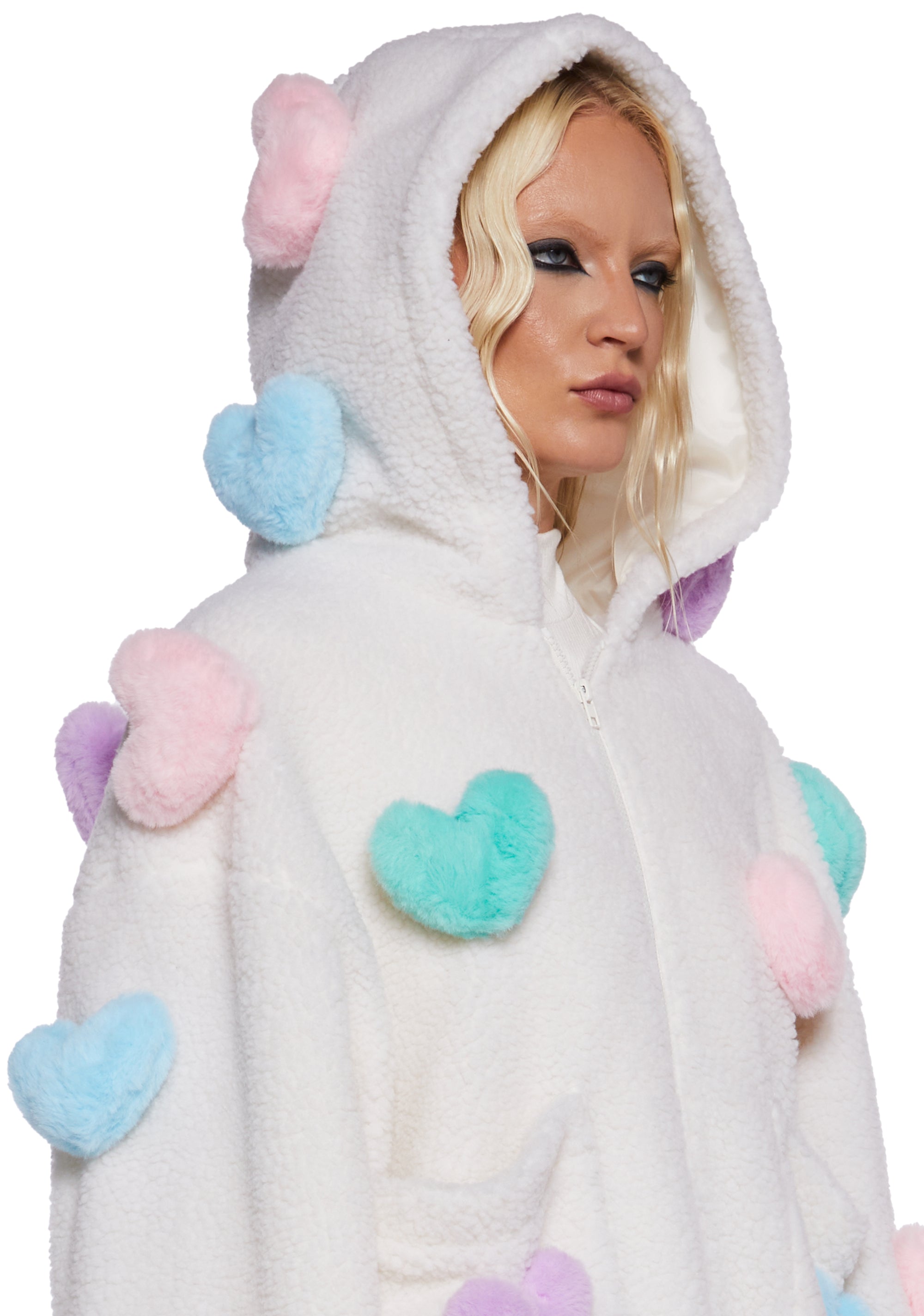 3D Hearts Faux Fur Hooded Sherpa Jacket Sugar Thrillz - Multi