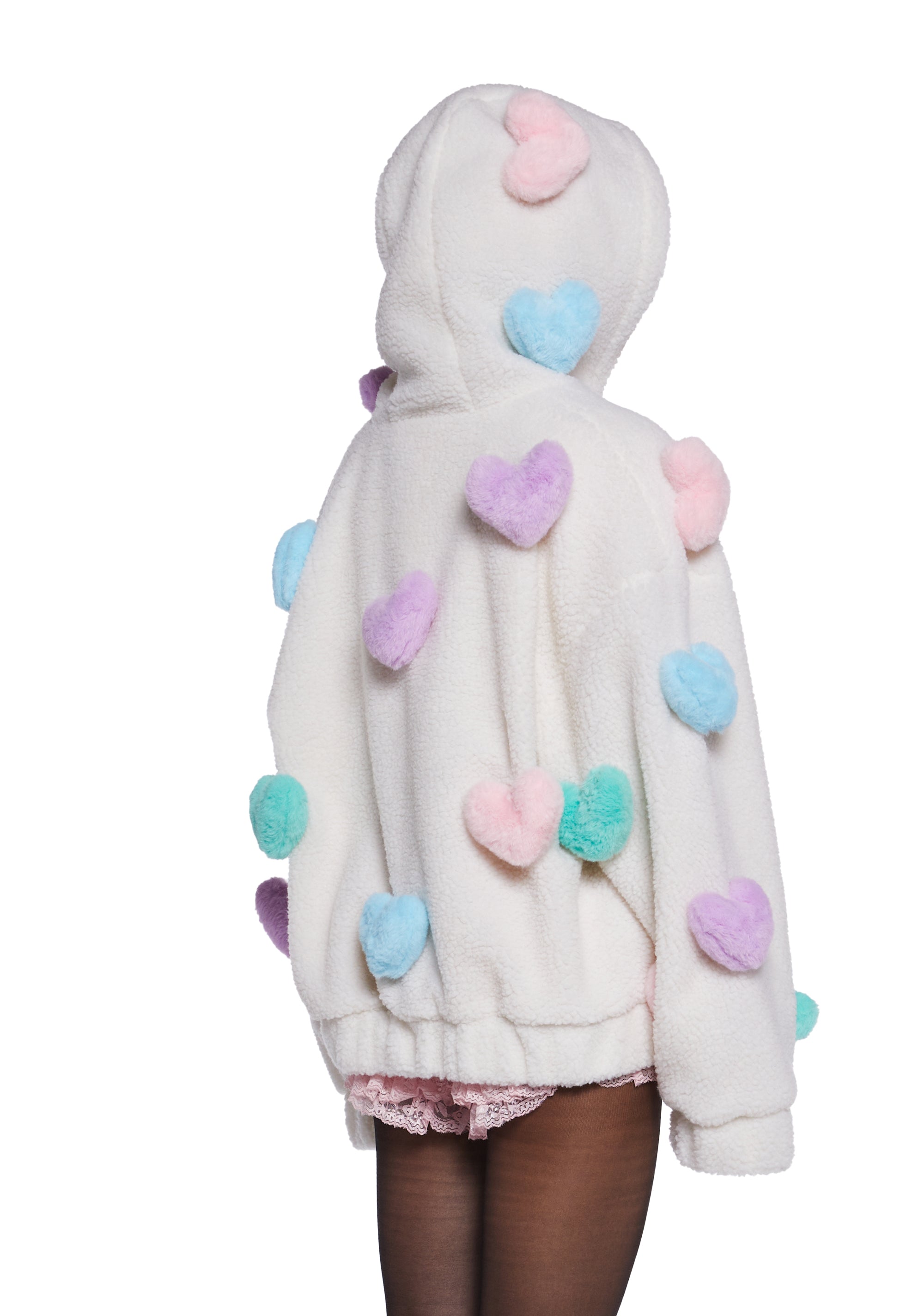 3D Hearts Faux Fur Hooded Sherpa Jacket Sugar Thrillz - Multi
