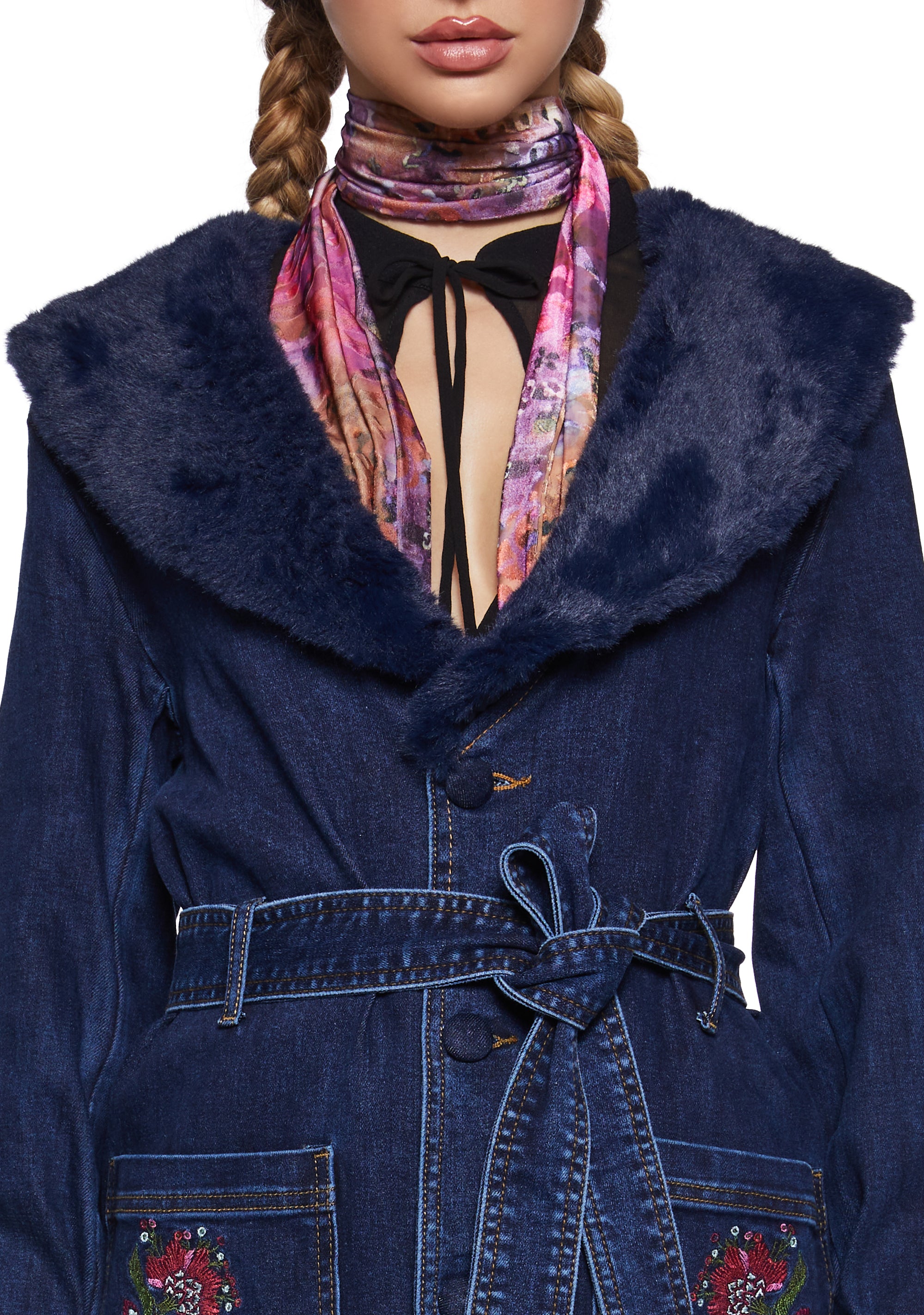 Denim Trench Coat With Floral Embroidery Current Mood - Blue