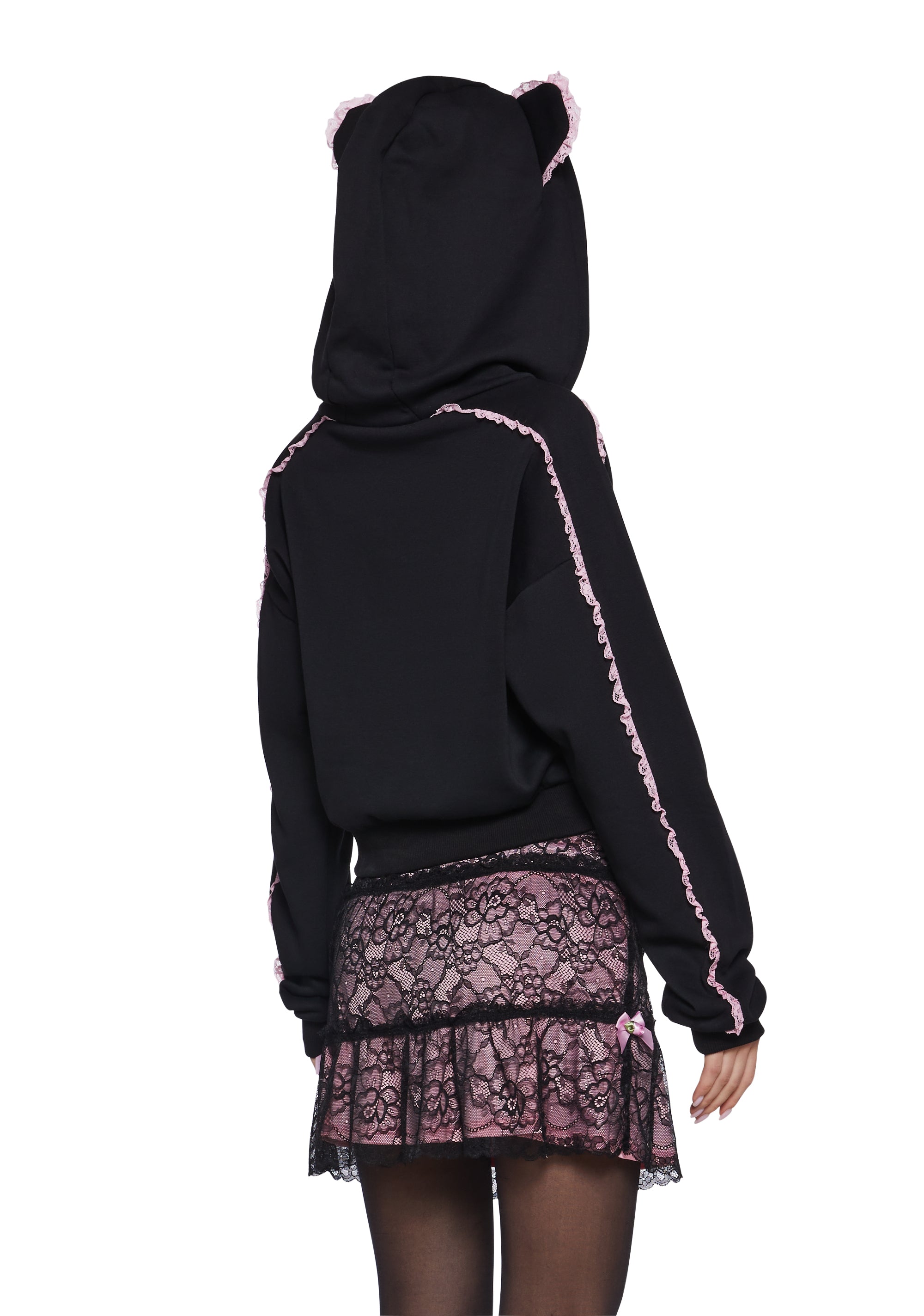 Cotton Fleece Bear Cropped Hoodie Sugar Thrillz - Black
