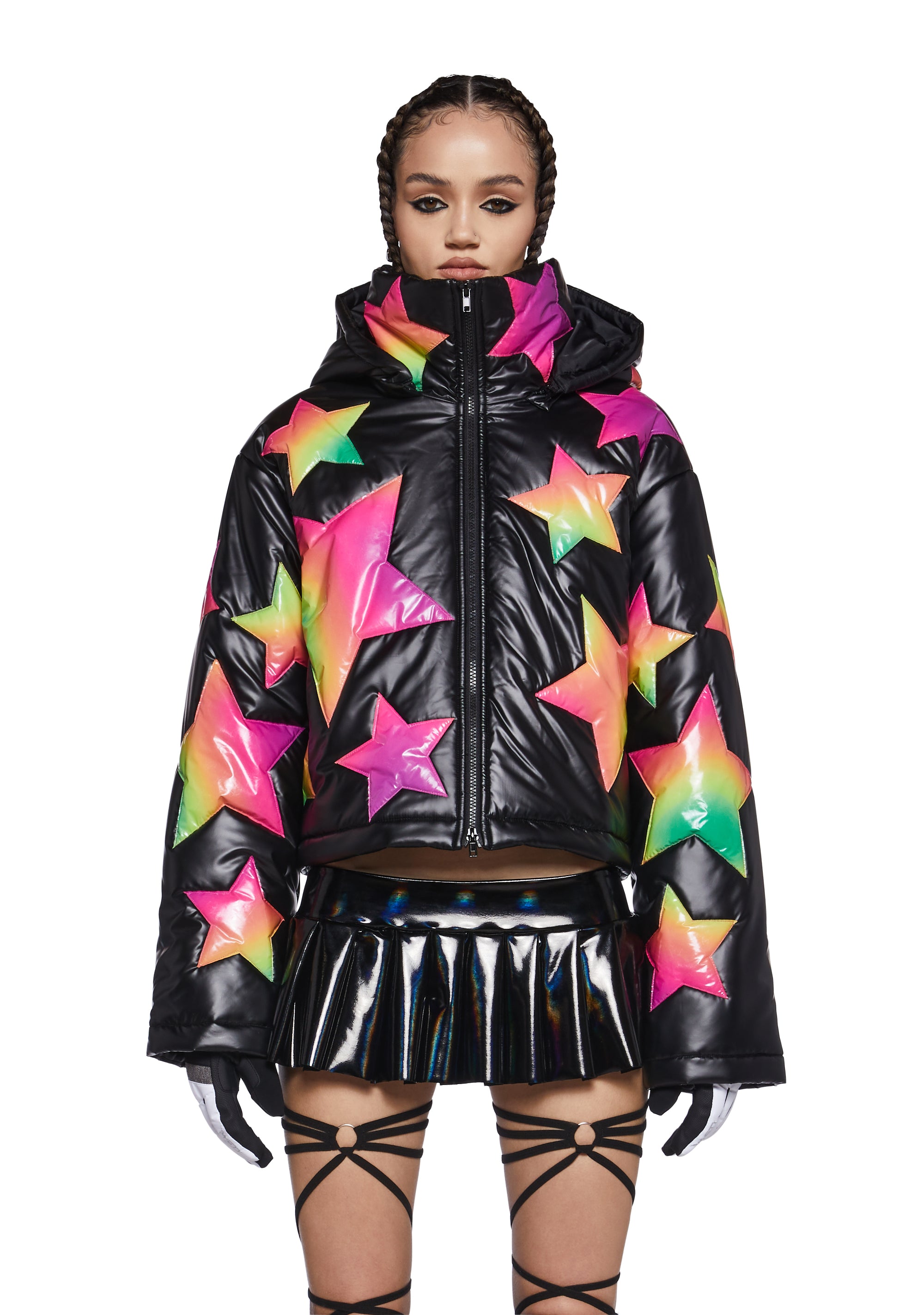 Ombre Star Vinyl Puffer Hooded Jacket Club Exx - Multi