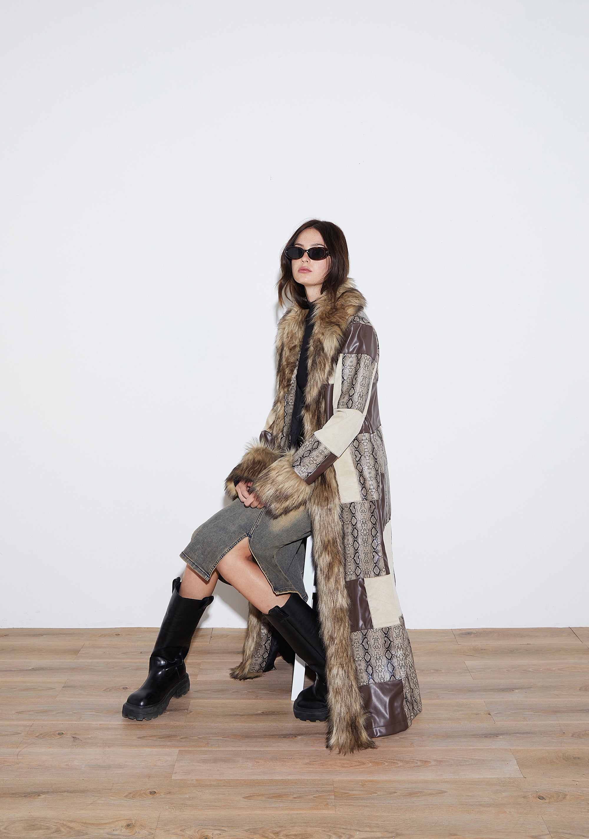 Vegan Leather Corduroy Faux Fur Patchwork Maxi Coat Delia's