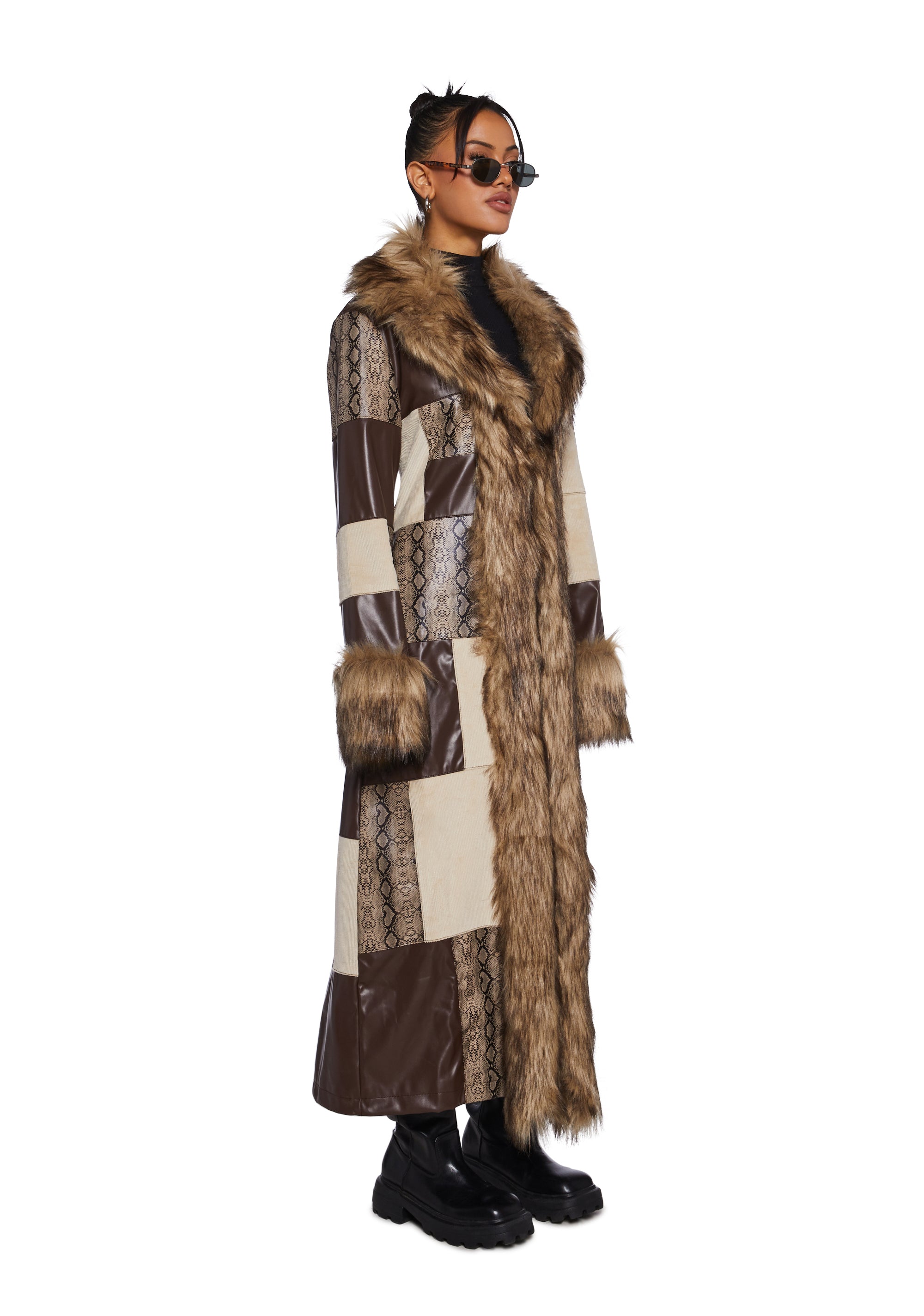 Vegan Leather Corduroy Faux Fur Patchwork Maxi Coat Delia's