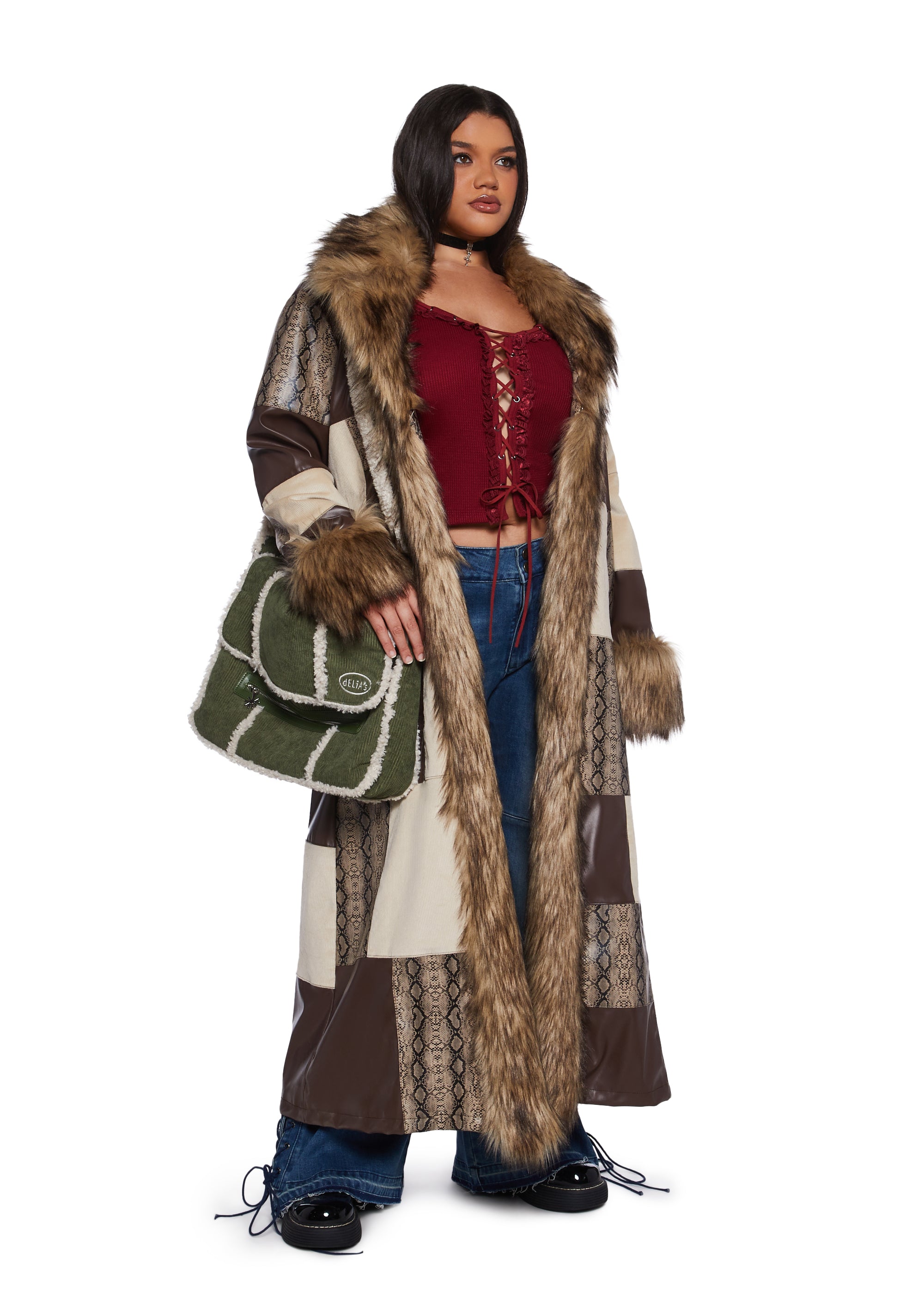 Vegan Leather Corduroy Faux Fur Patchwork Maxi Coat Delia's