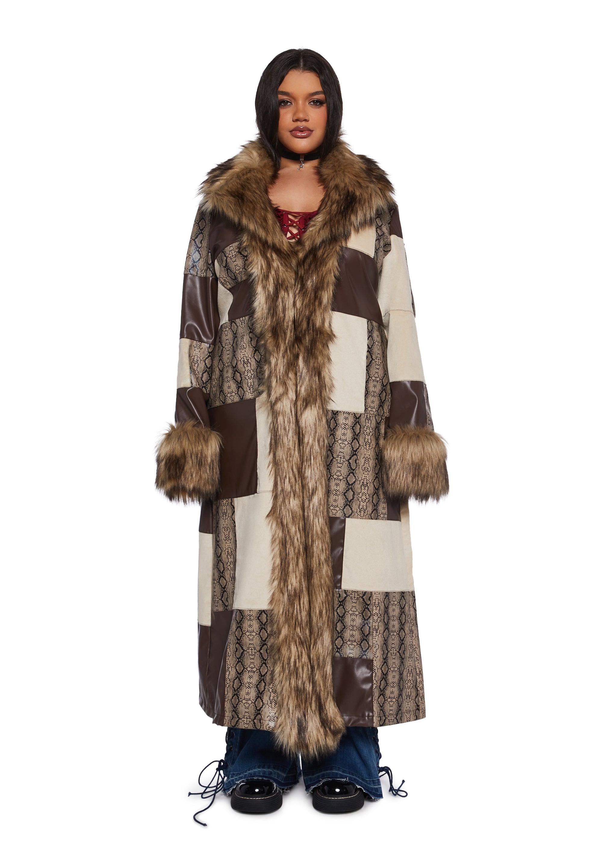 Vegan Leather Corduroy Faux Fur Patchwork Maxi Coat Delia's