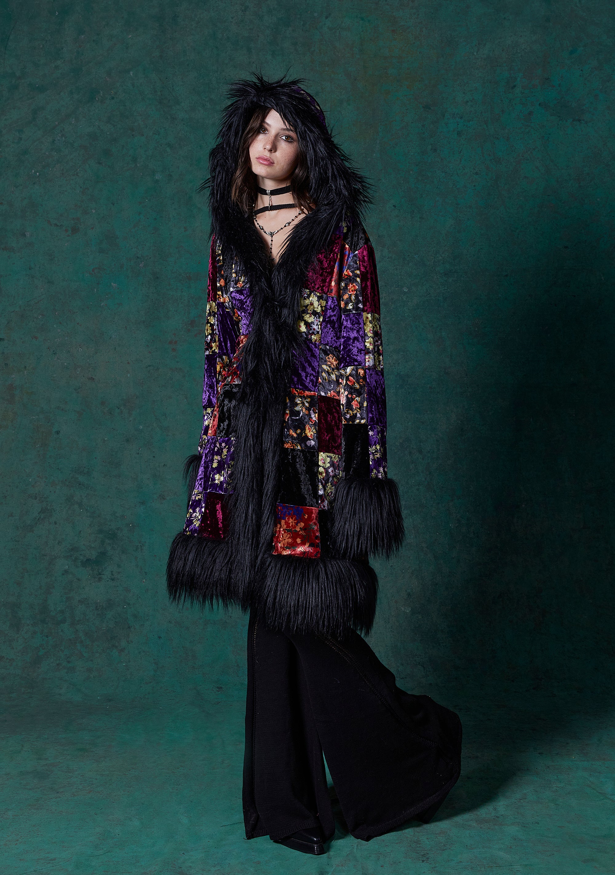 Current Mood Velvet Patchwork Floral Coat - Multi – Dolls Kill