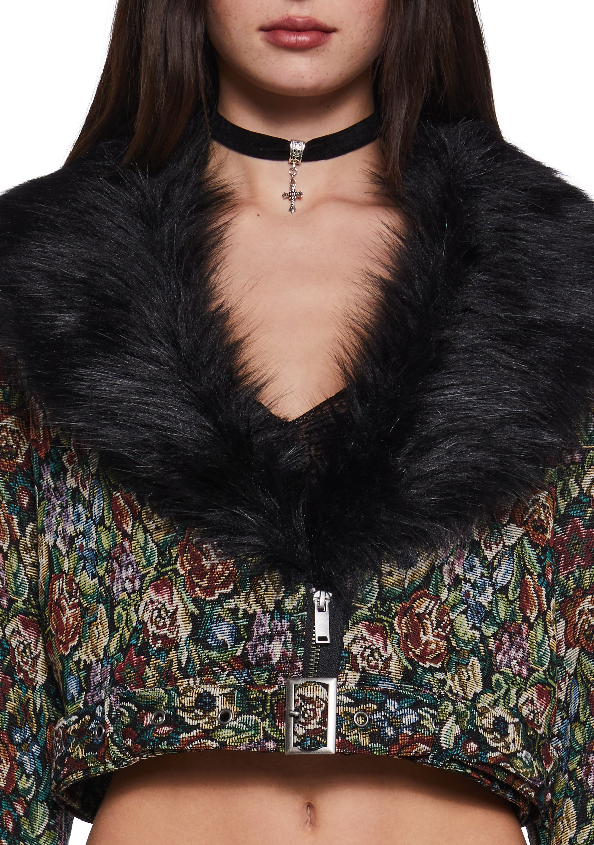 Floral Tapestry Jacquard Cropped Moto Jacket Faux Fur Trim