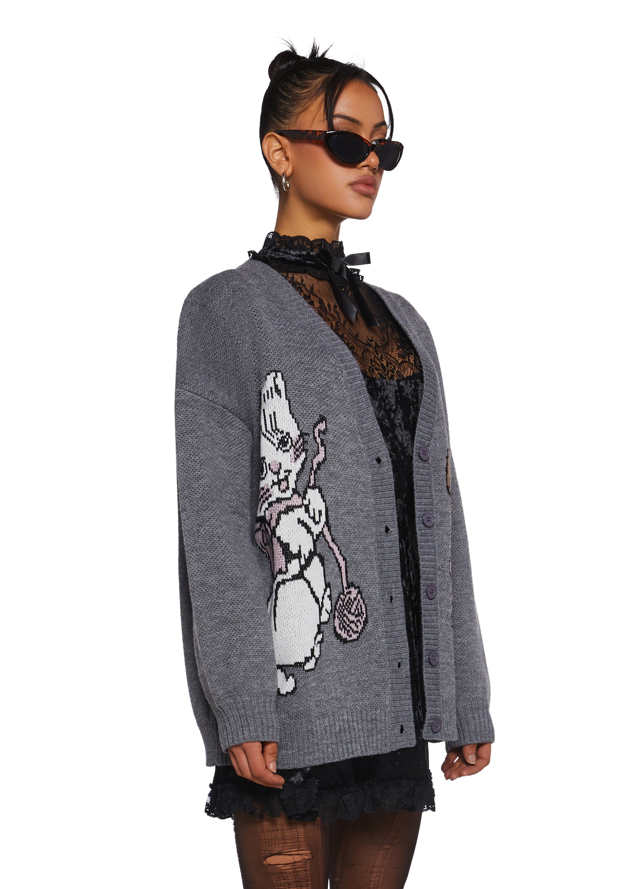 Kitty Cat Graphics Oversized Knit Cardigan Delia's - Gray – Dolls Kill