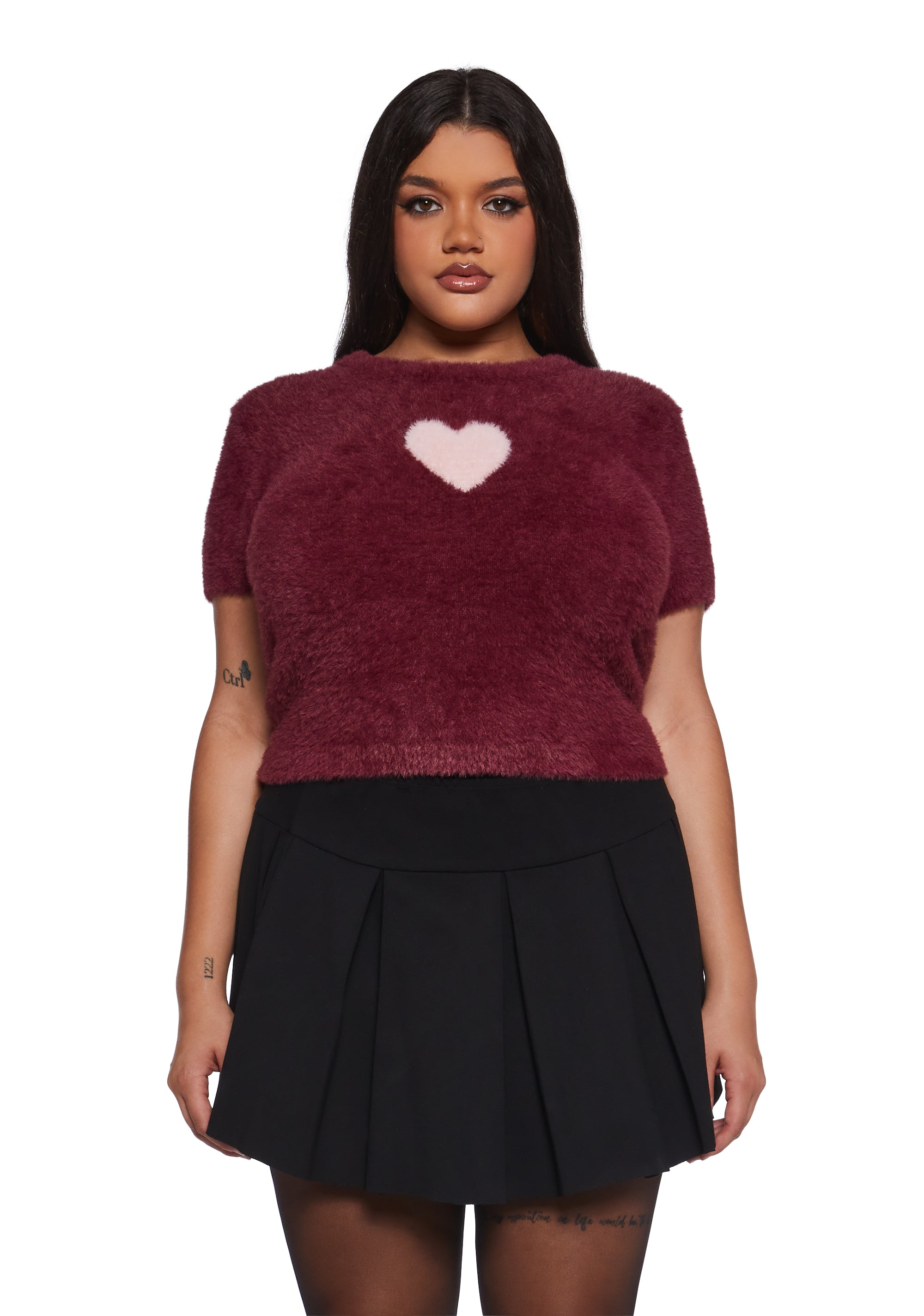 Fuzzy Sweater With Heart Graphic Sugar Thrillz - Red – Dolls Kill
