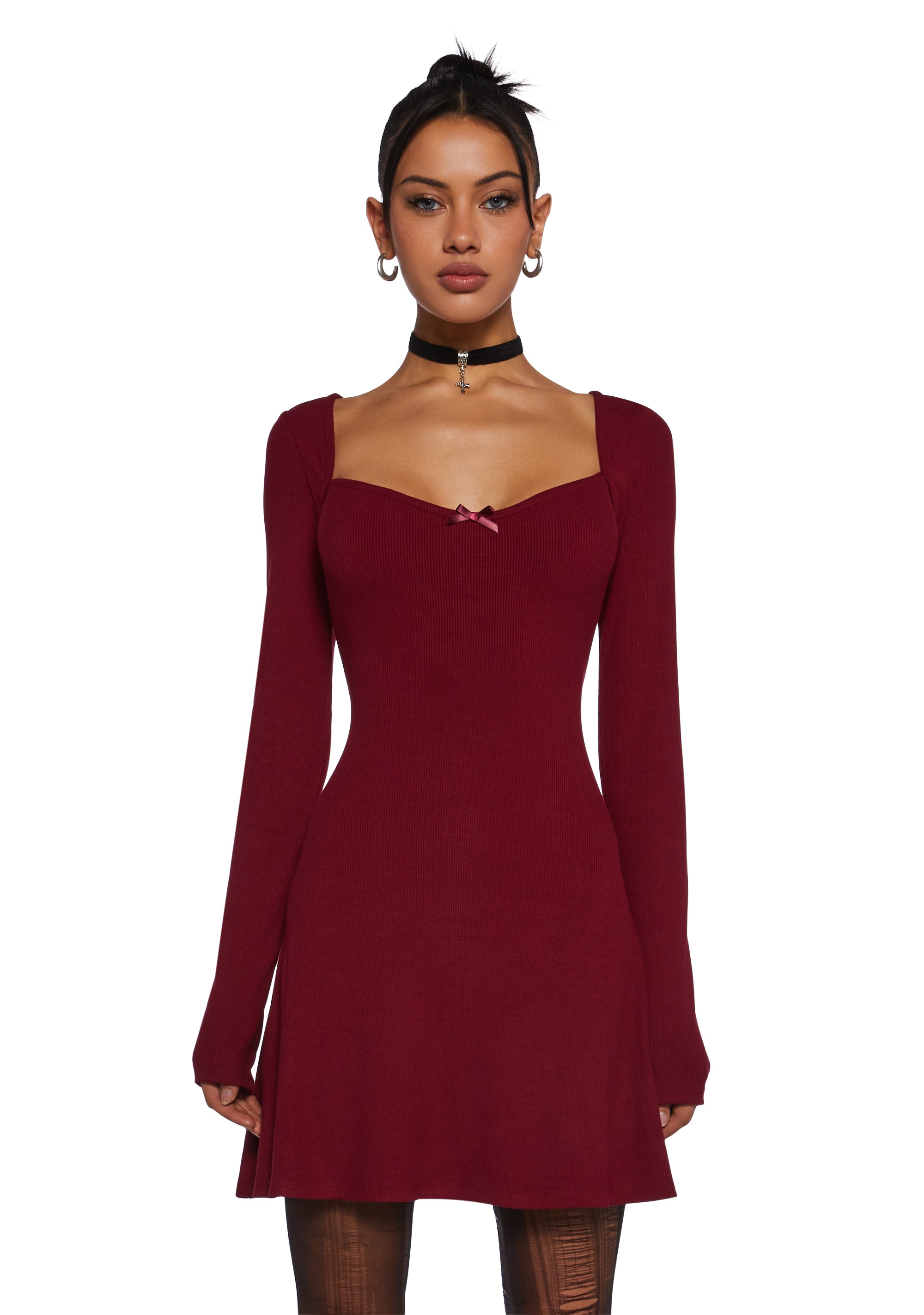 Stretchy Ribbed Knit Long Sleeve Mini Dress Delia's - Dark Red – Dolls Kill