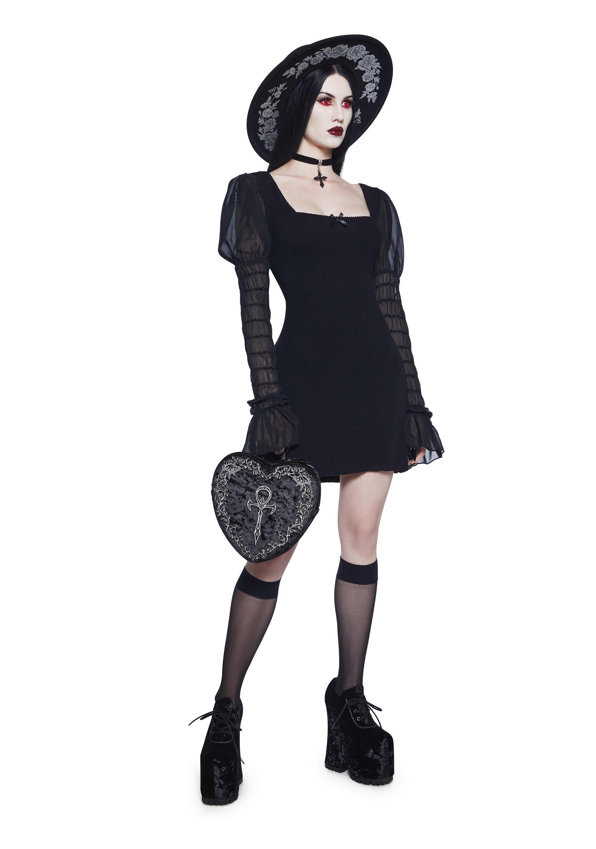 Widow Vampire Goth Stretchy Ribbed Knit Chiffon Puff Smocked