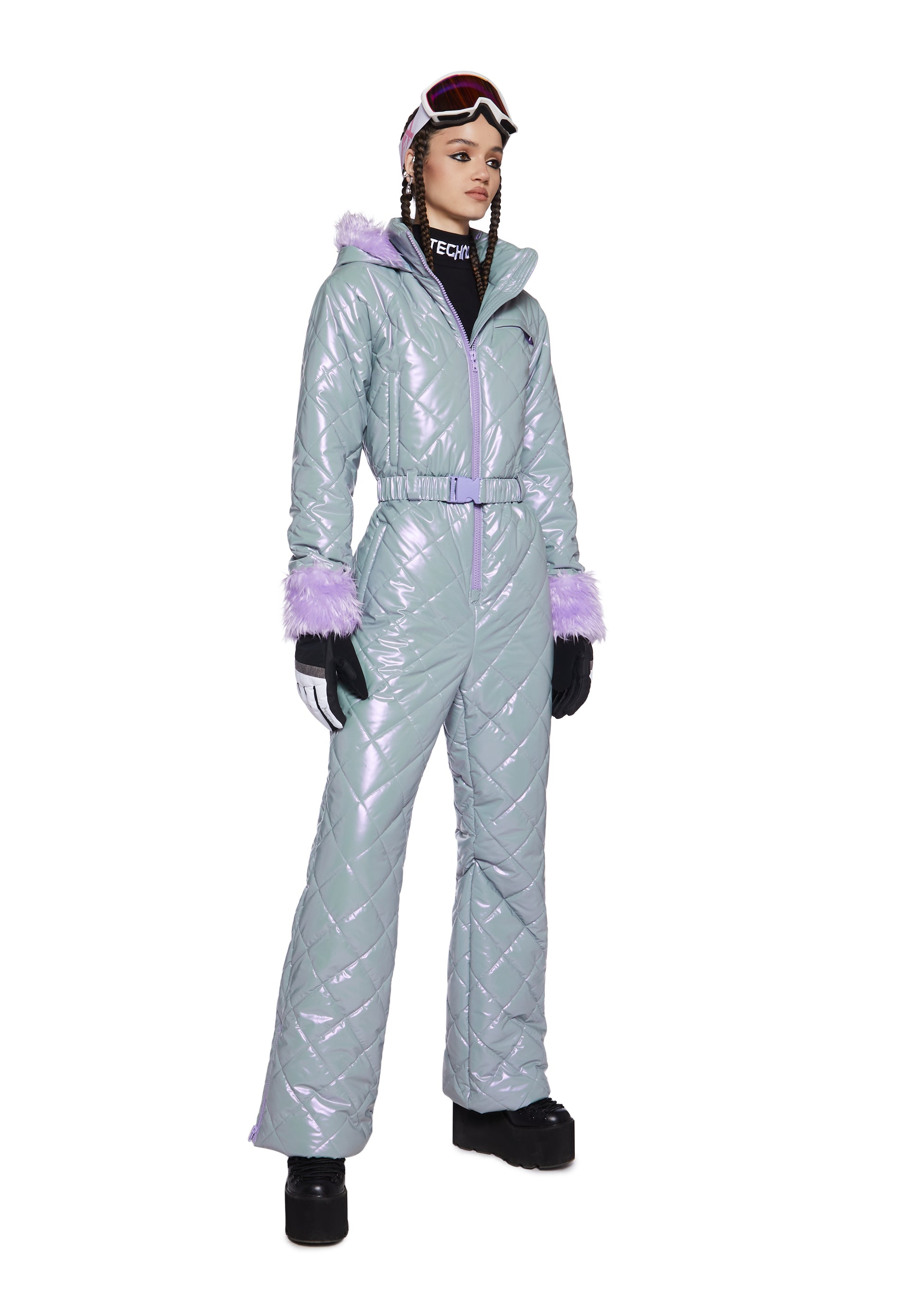 Quilted Nylon Faux Fur Trim Snowsuit Club Exx - Light Purple