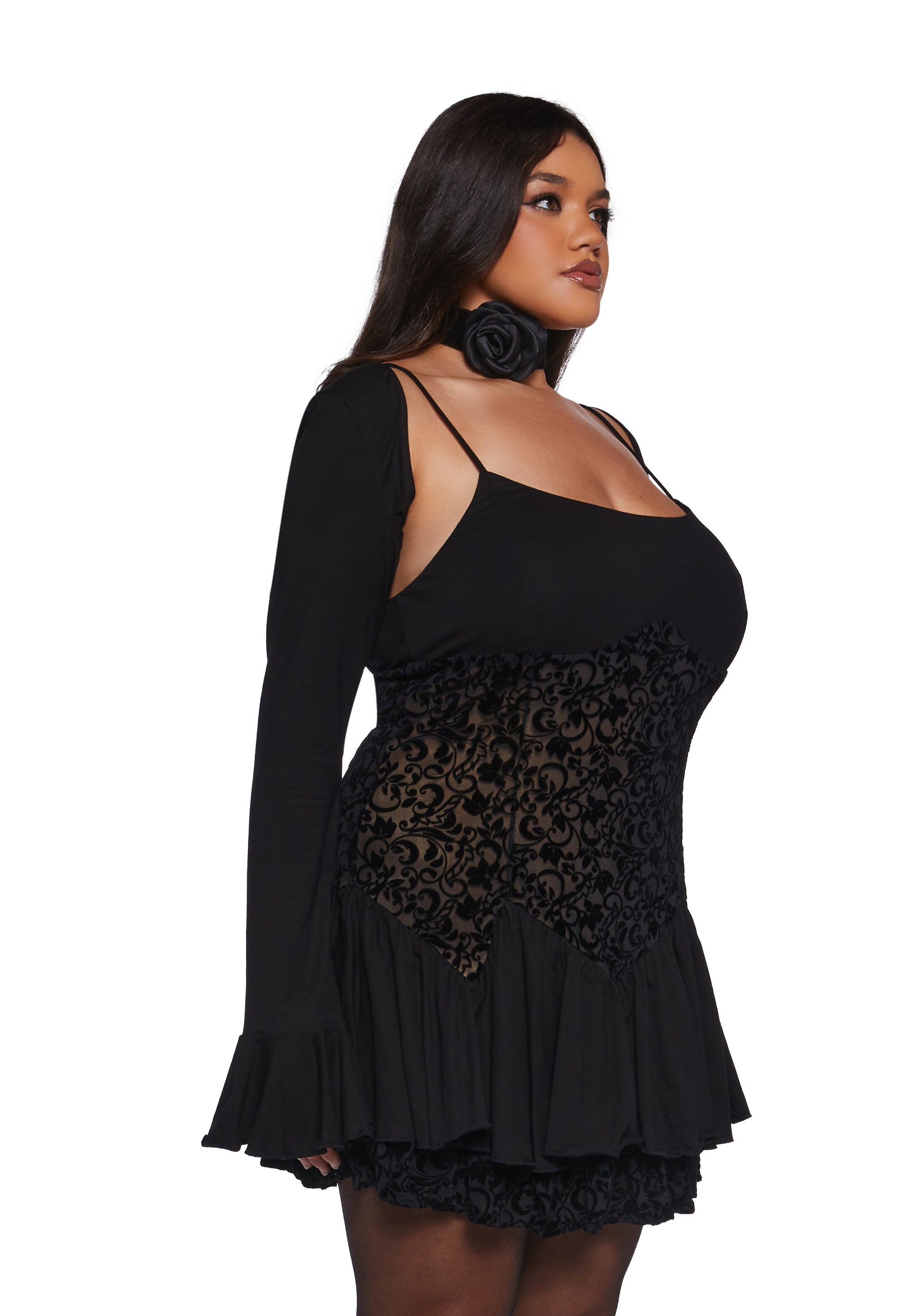 Royalcore Chiffon Mesh Velvet Flocked Mini Dress With Cardigan