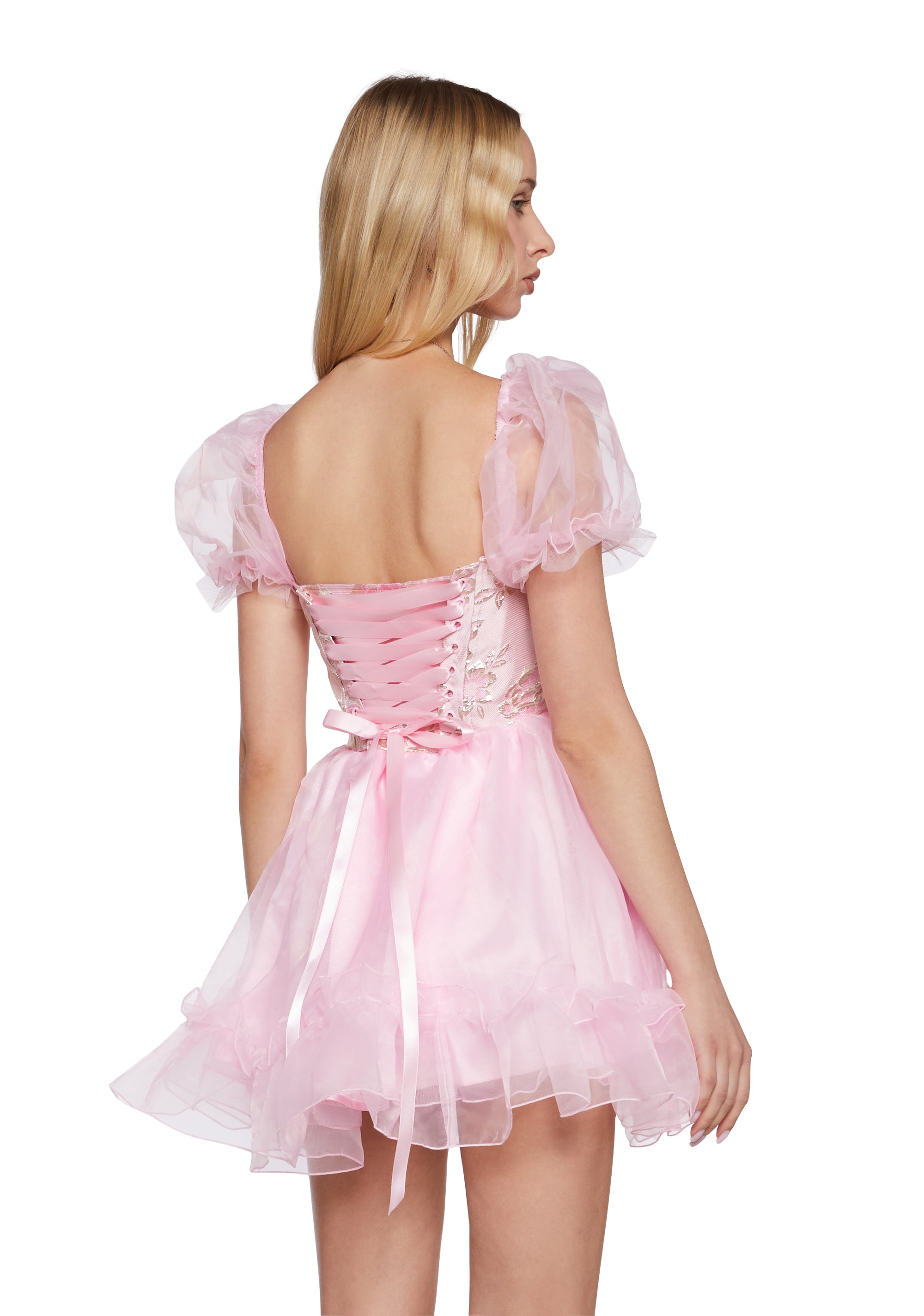 Brocade Organza Lace-Up Shorty Puff Sleeve Mini Dress Sugar
