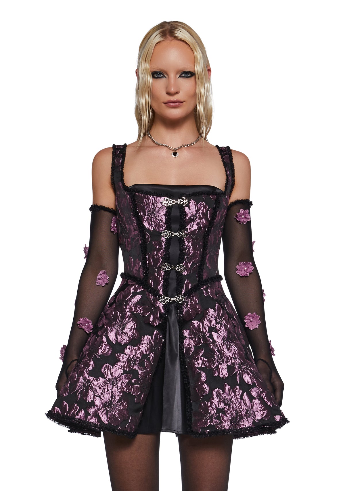 Satin Floral Brocade Overskirt LaceUp Mini Dress And Glove Set Sugar