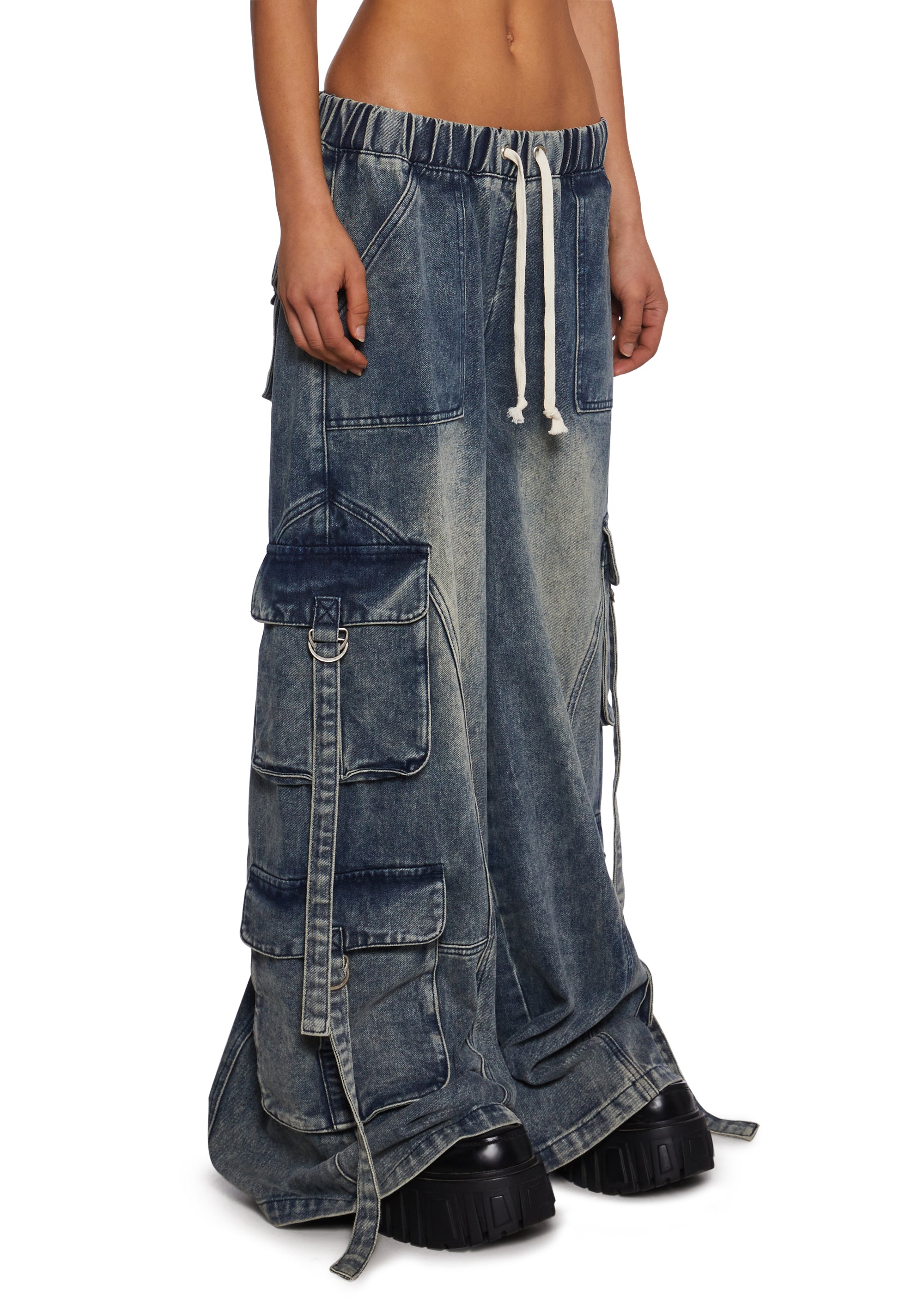 Washed Denim Baggy Wide Leg Cargo Pants Delia's - Blue