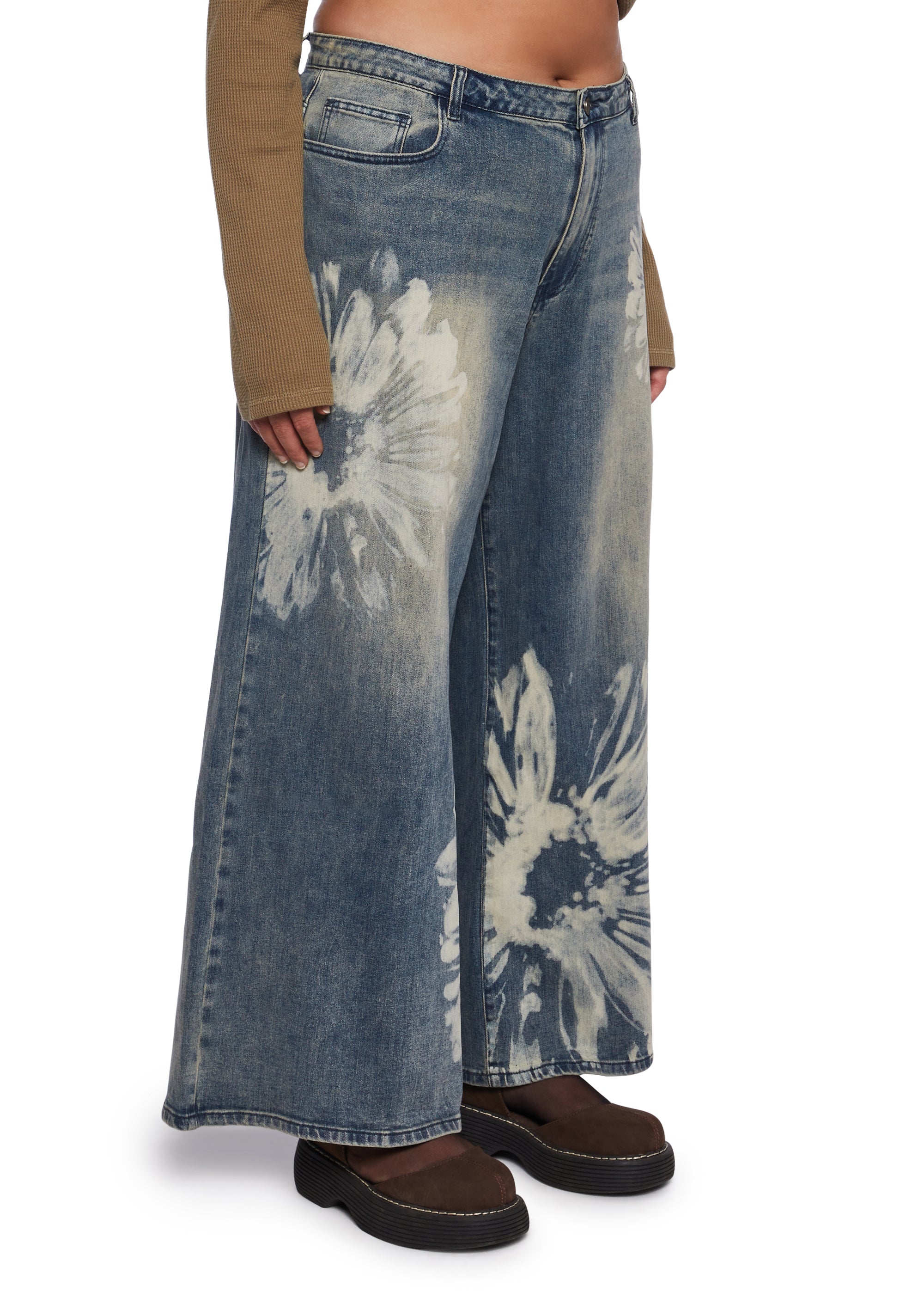 Floral Bleached Wide Leg Jeans Current Mood - Blue – Dolls Kill