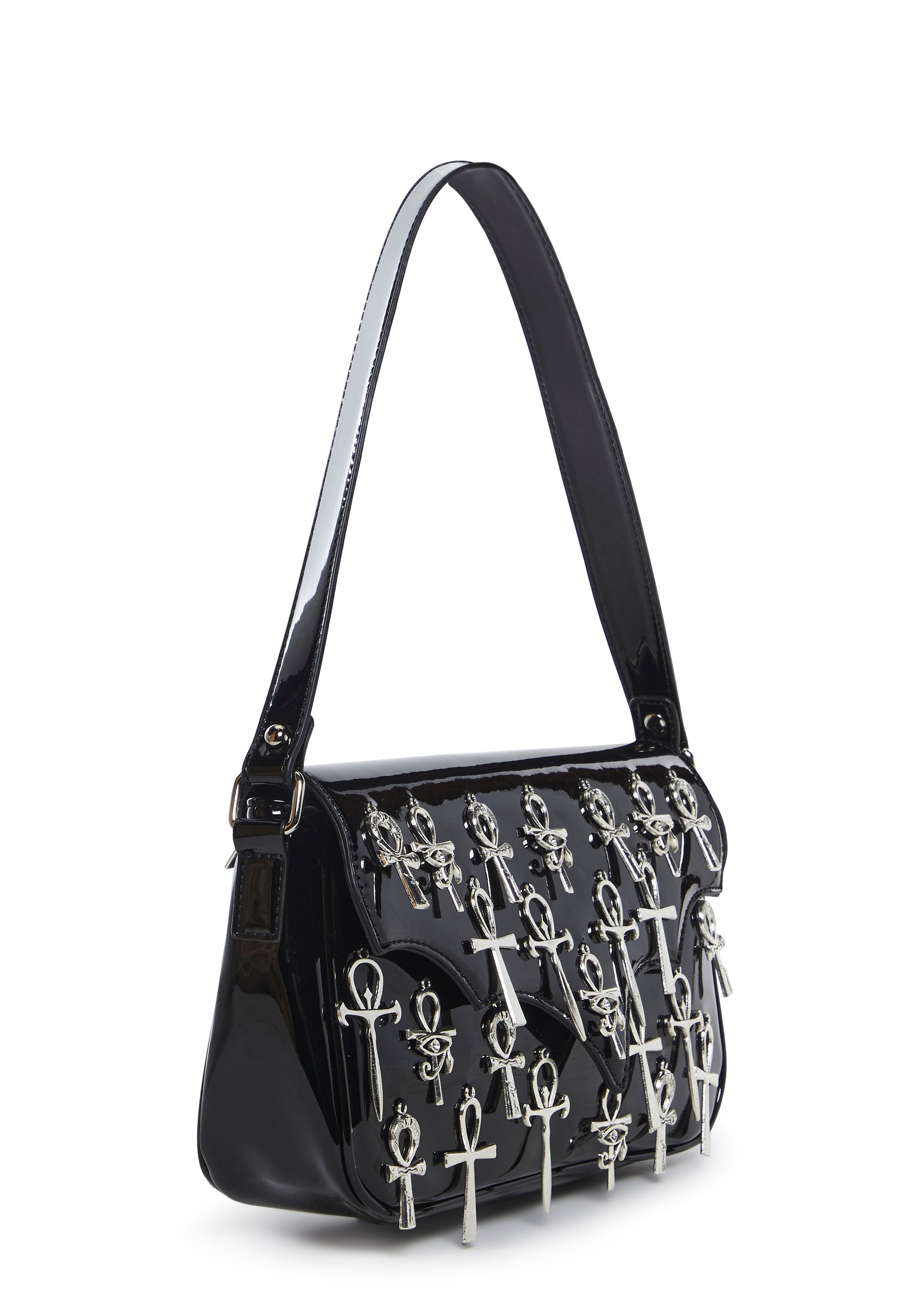 【DOLLS KILL】Lady  Shoulder Bag Generation Kiss Patent Vegan Leather Hobo Handbag - Black