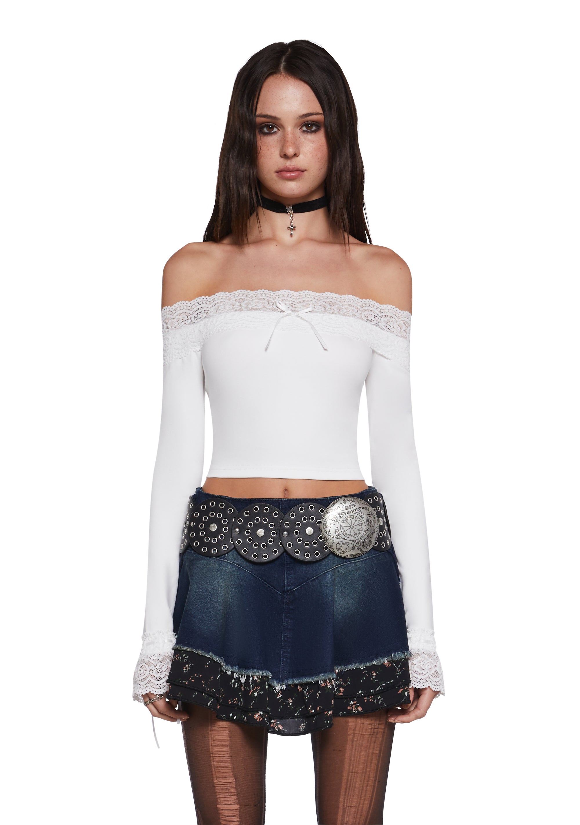 Current Mood Off The Shoulder Long Sleeve Top With Lace Trim - White ...