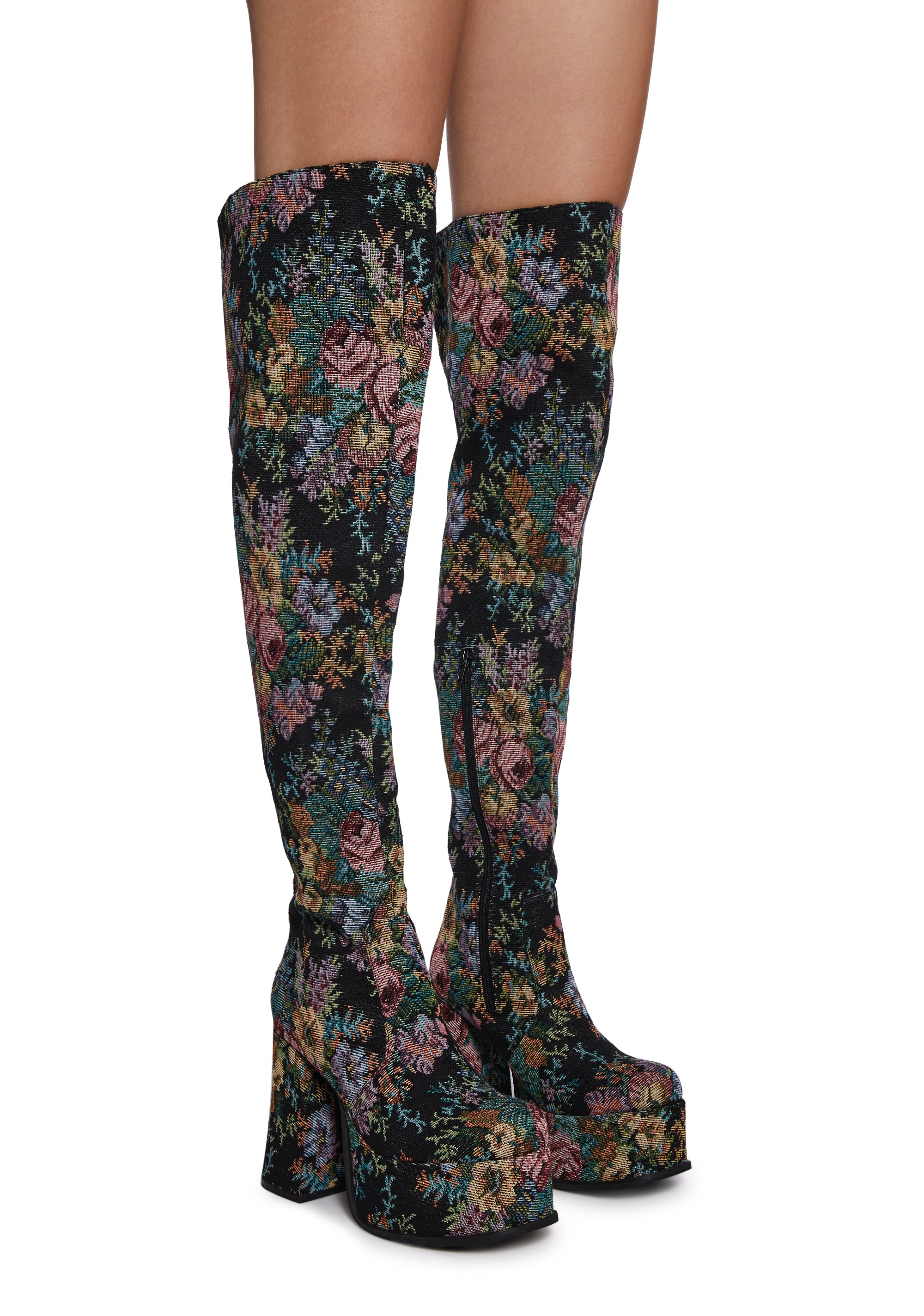 Dollskill 花柄ジャガードファーロングコート 月見うさぎ・花園 BIGカラーロングコート(FREE ブラック