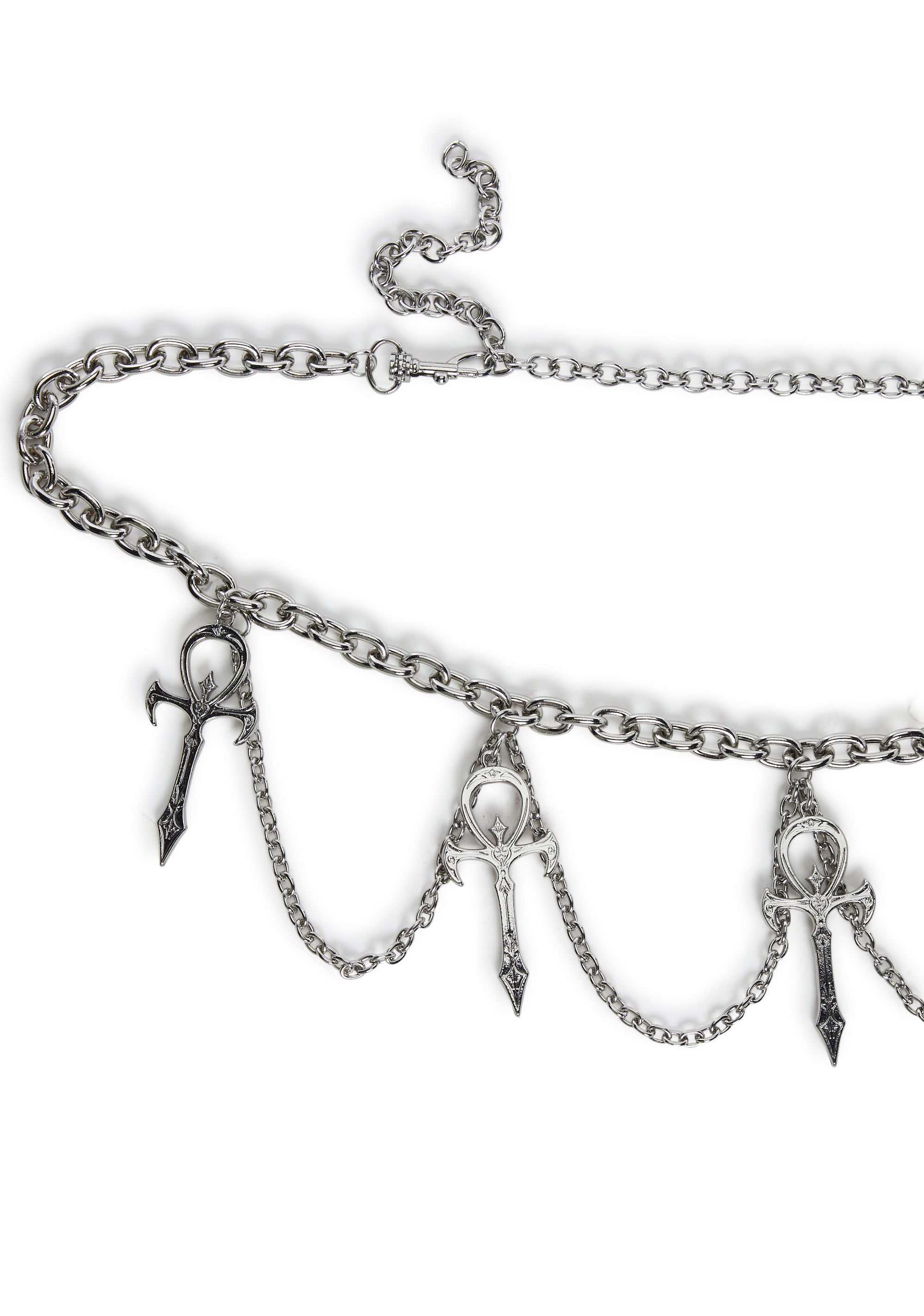 Widow Vampire Goth Ankh Charm Chain Link Belt - Silver