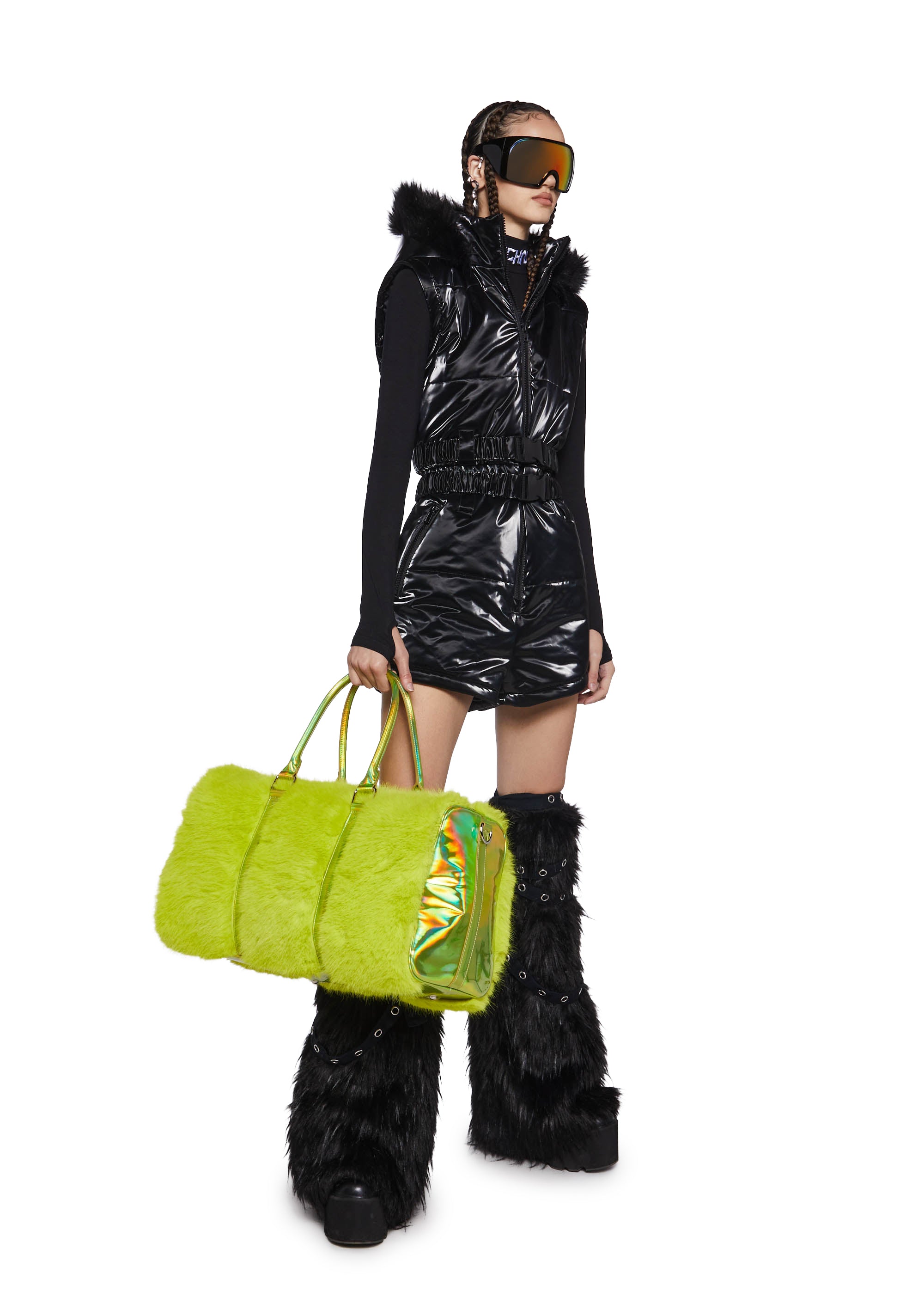 Club Exx Faux Fur And Holographic Weekender Bag - Green – Dolls Kill