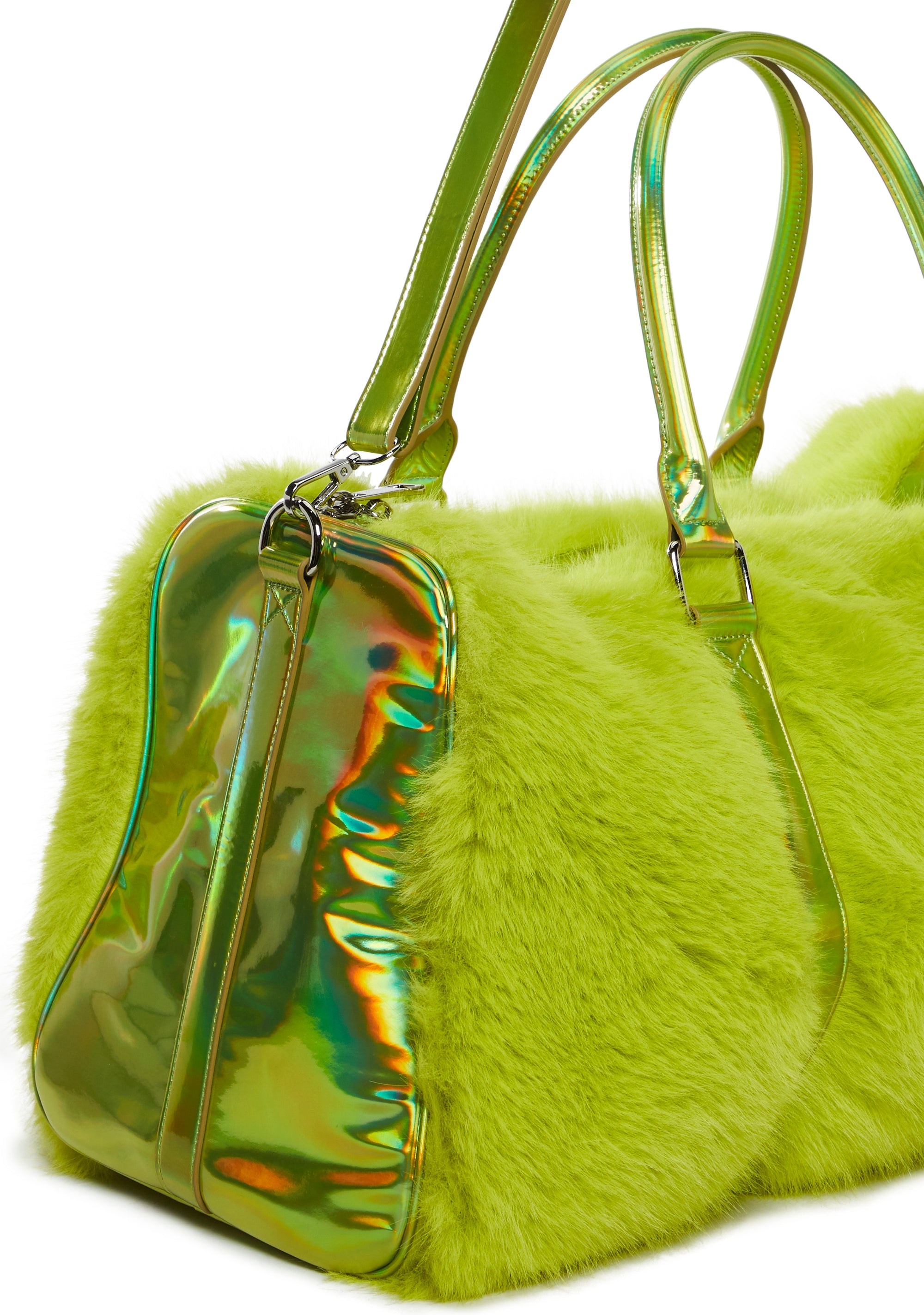 Club Exx Faux Fur And Holographic Weekender Bag - Green – Dolls Kill