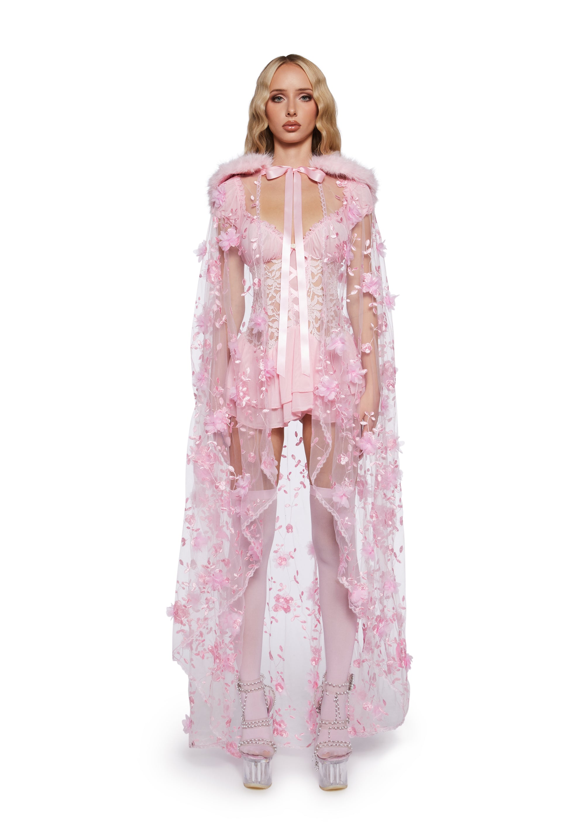 Womens Sexy 3D Floral Mesh Cap With Faux Fur Collar Sugar Thrillz