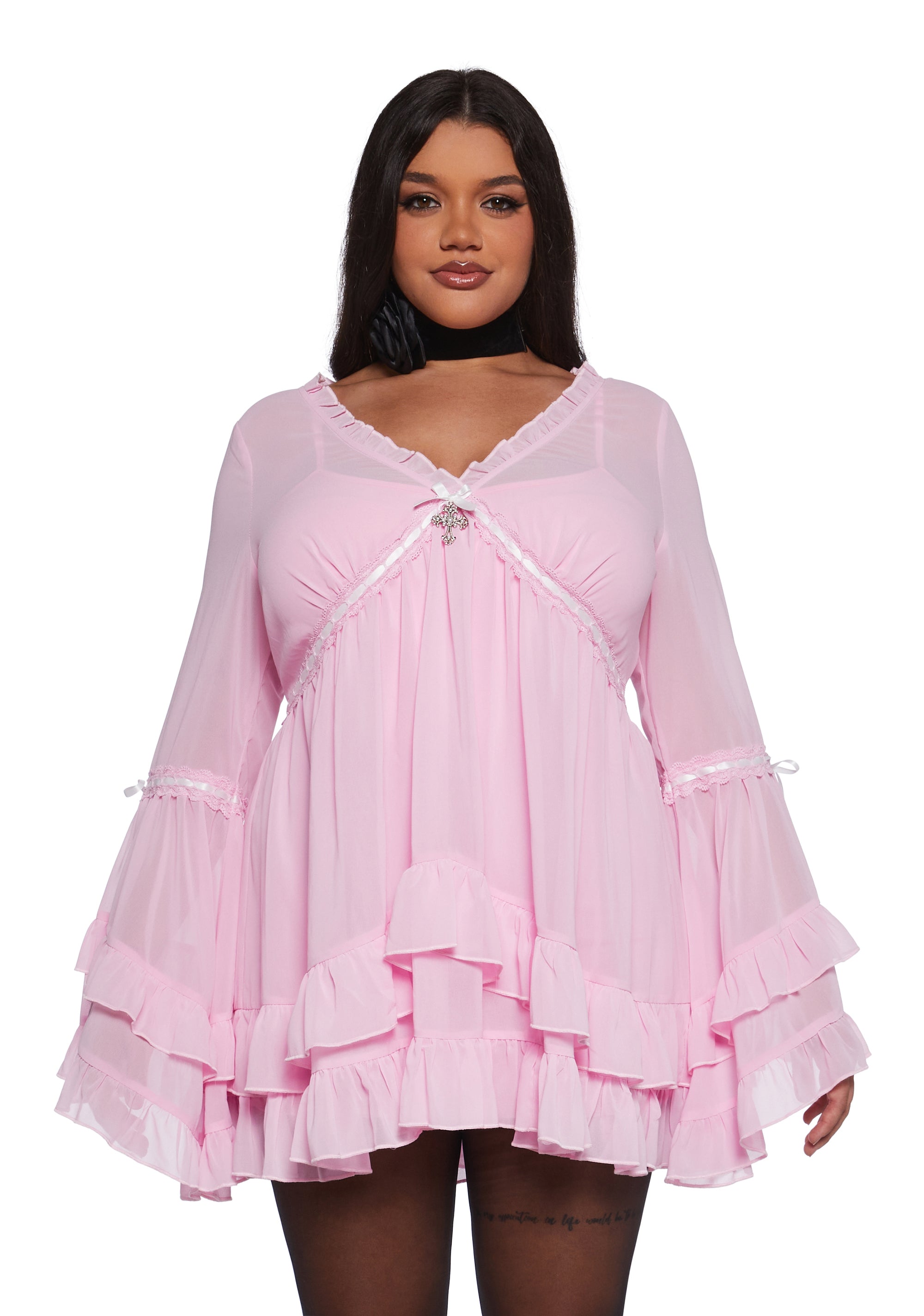 Plus Size Chiffon Mini Dress With Bell Sleeves Sugar Thrillz - Pink Dolls Kill Plus Size Chiffon Mini Dress With Bell Sleeves Sugar Thrillz - Pink Dolls Kill