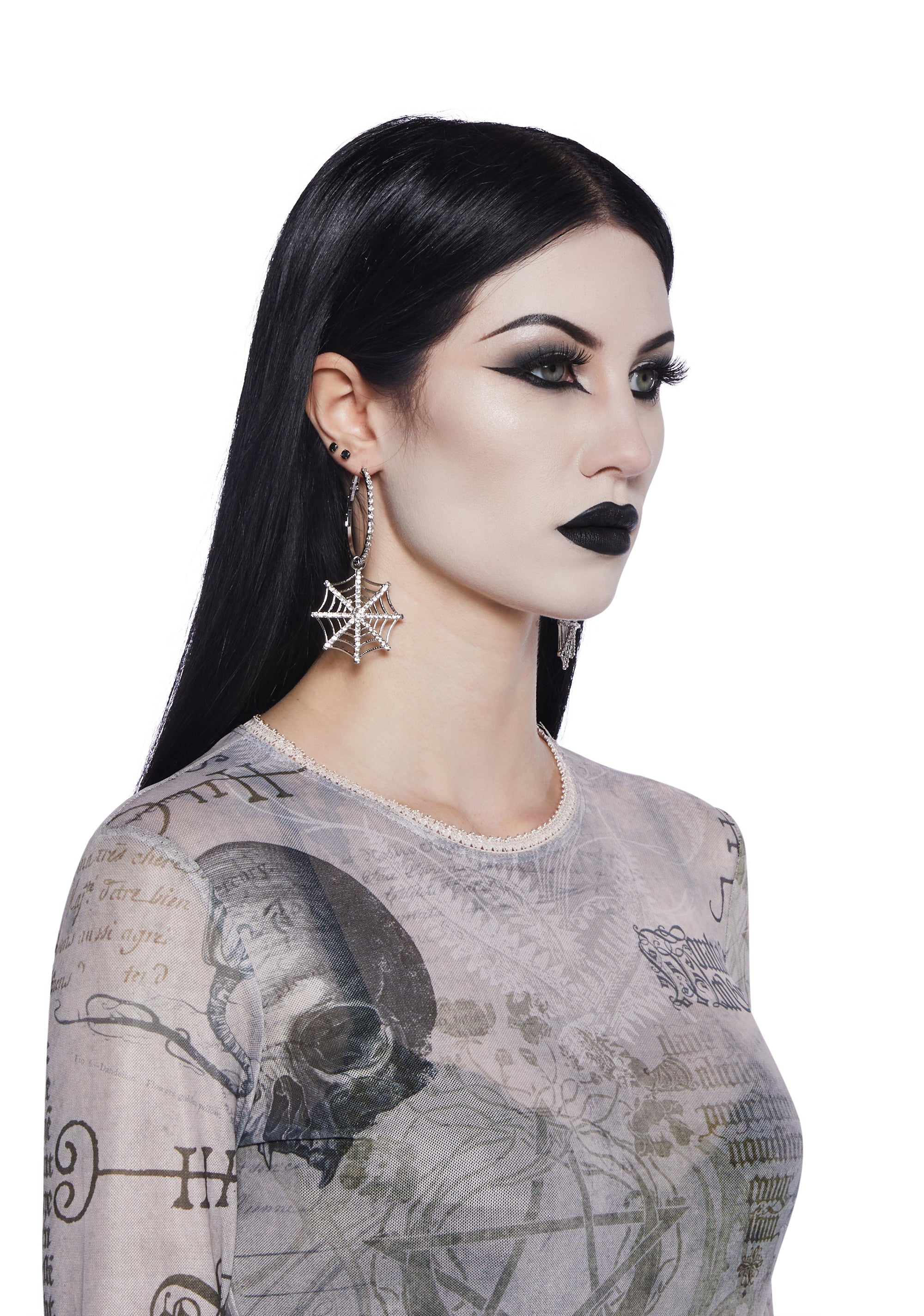 Crystal Spider Web Charm Hoop Drop Earrings - Silver – Dolls Kill