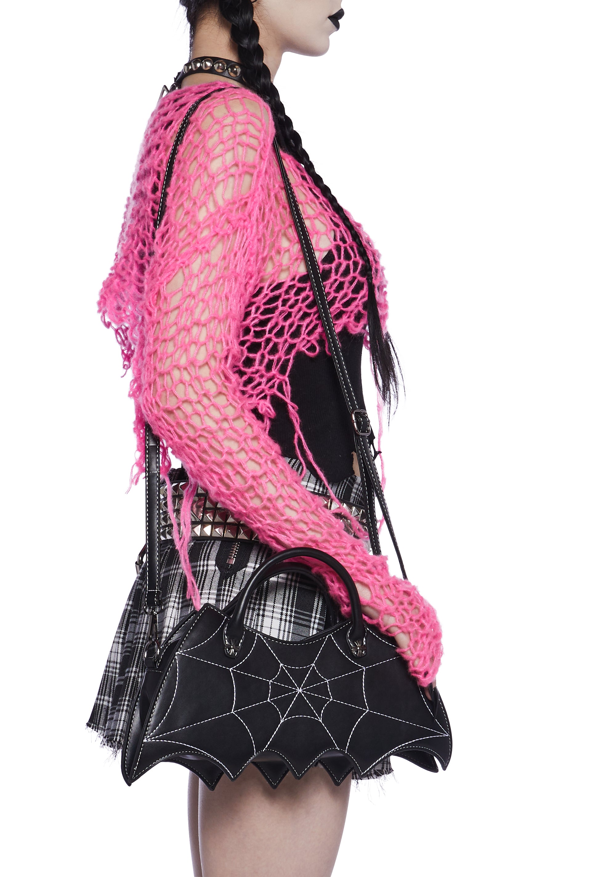 Bat Shaped Embroidered Web Hand Bag Halloween Spooky - Black