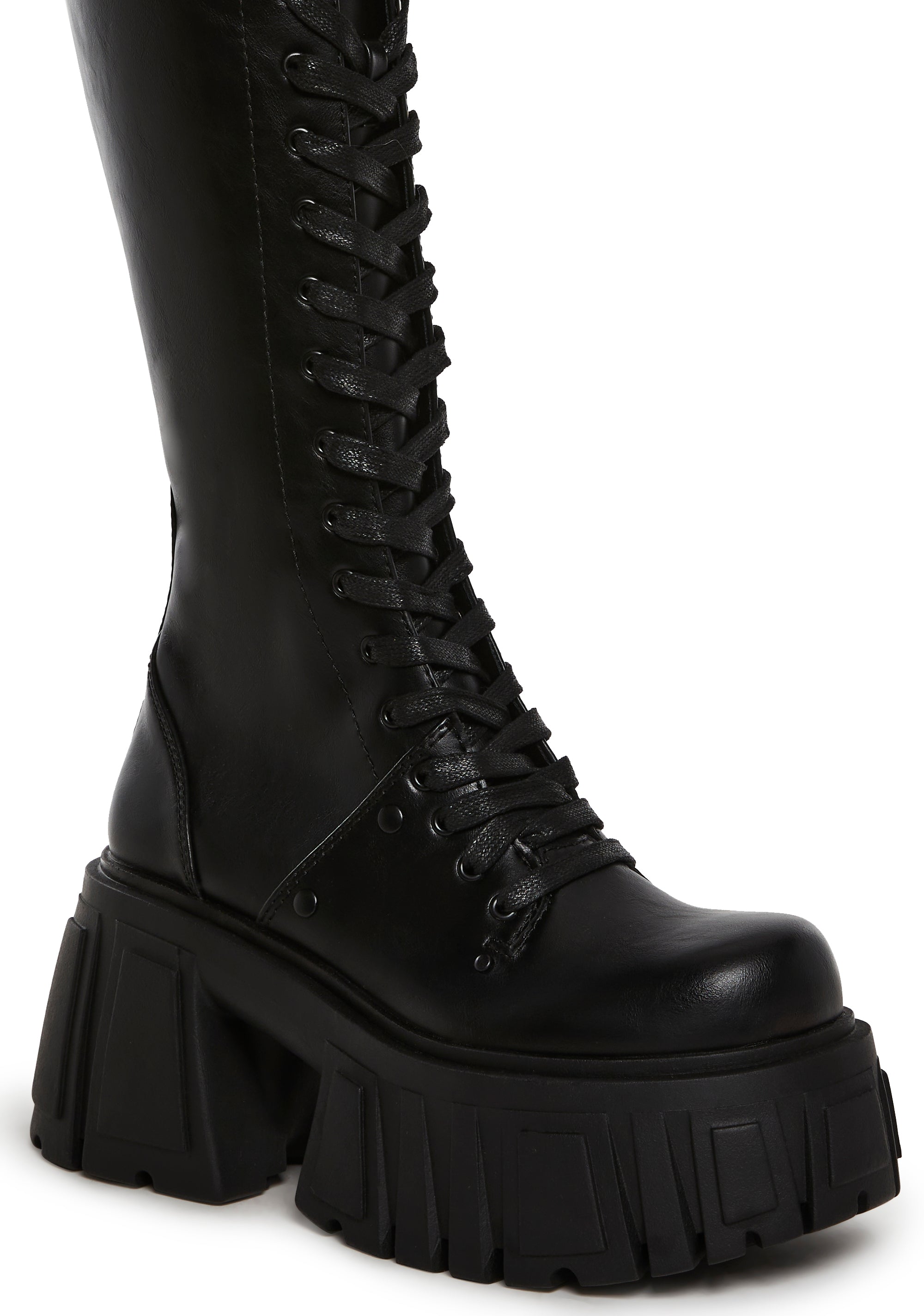 Vegan Leather Platform Lace-Up Knee High Boots Current Mood