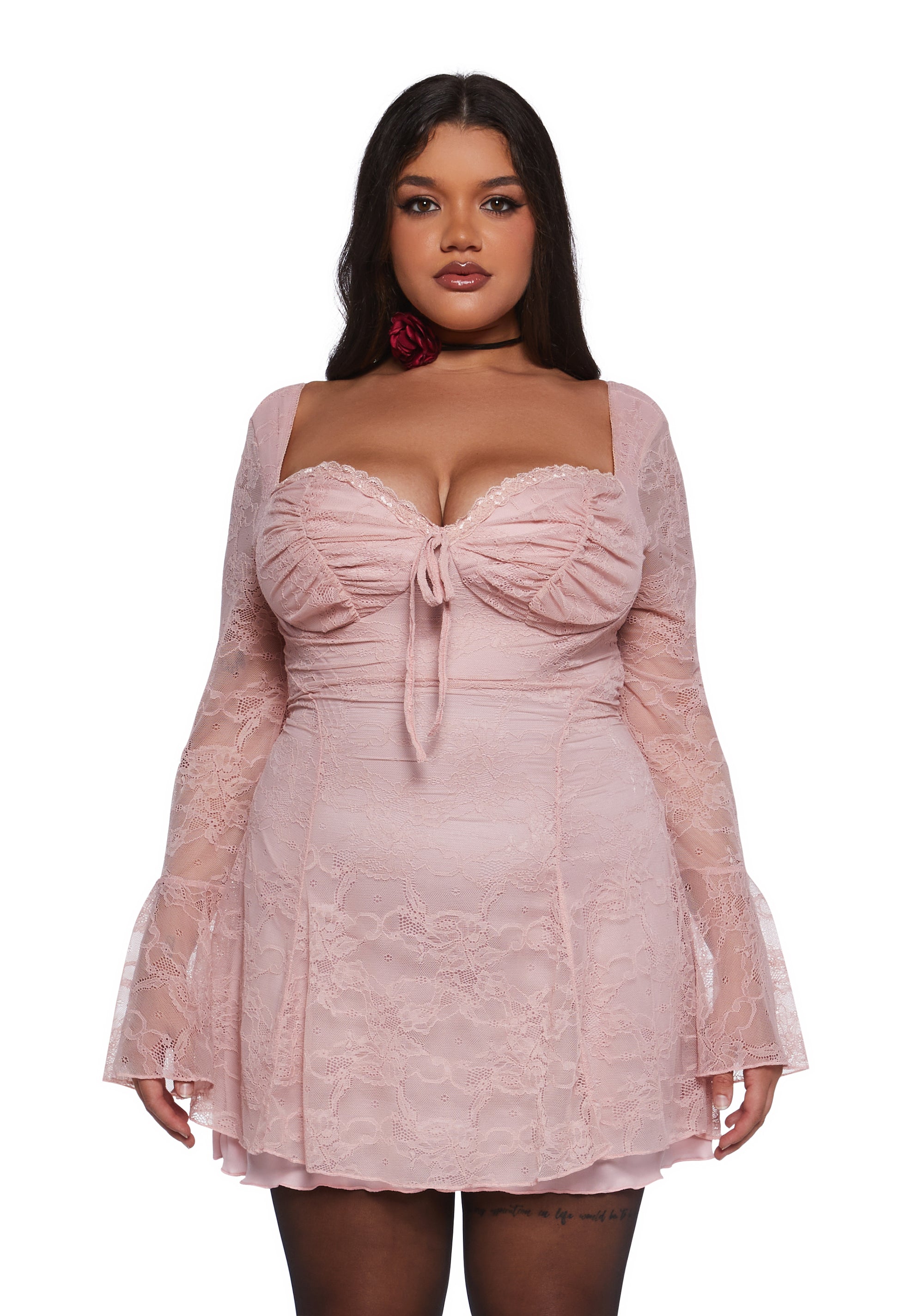 Floral Lace Mini Dress With Flared Sleeves Delias - Pink