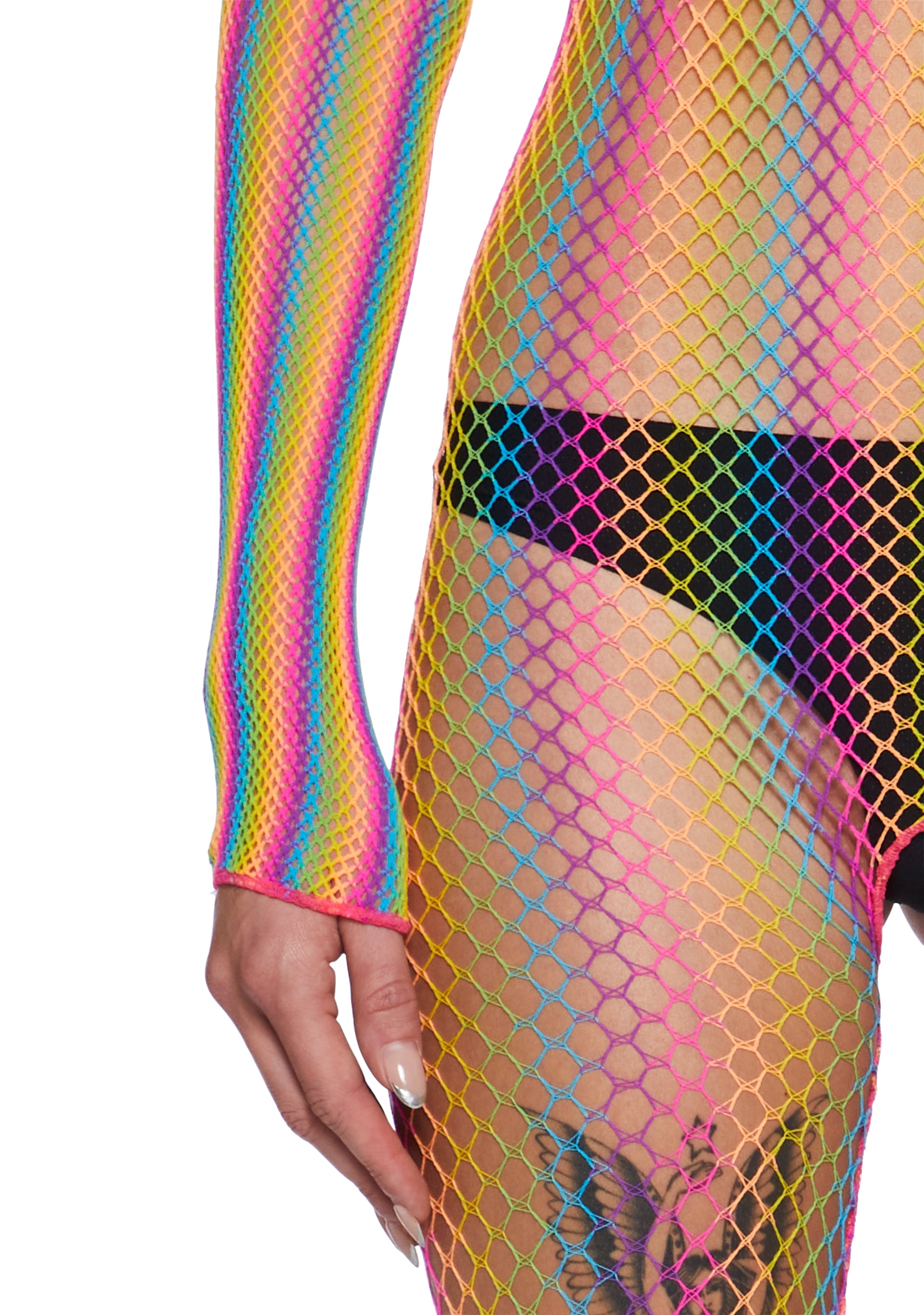 rainbow mesh fishnet dress Stretchy Sheer Fishnet Mesh Crotchless Long Sleeve Body Stocking