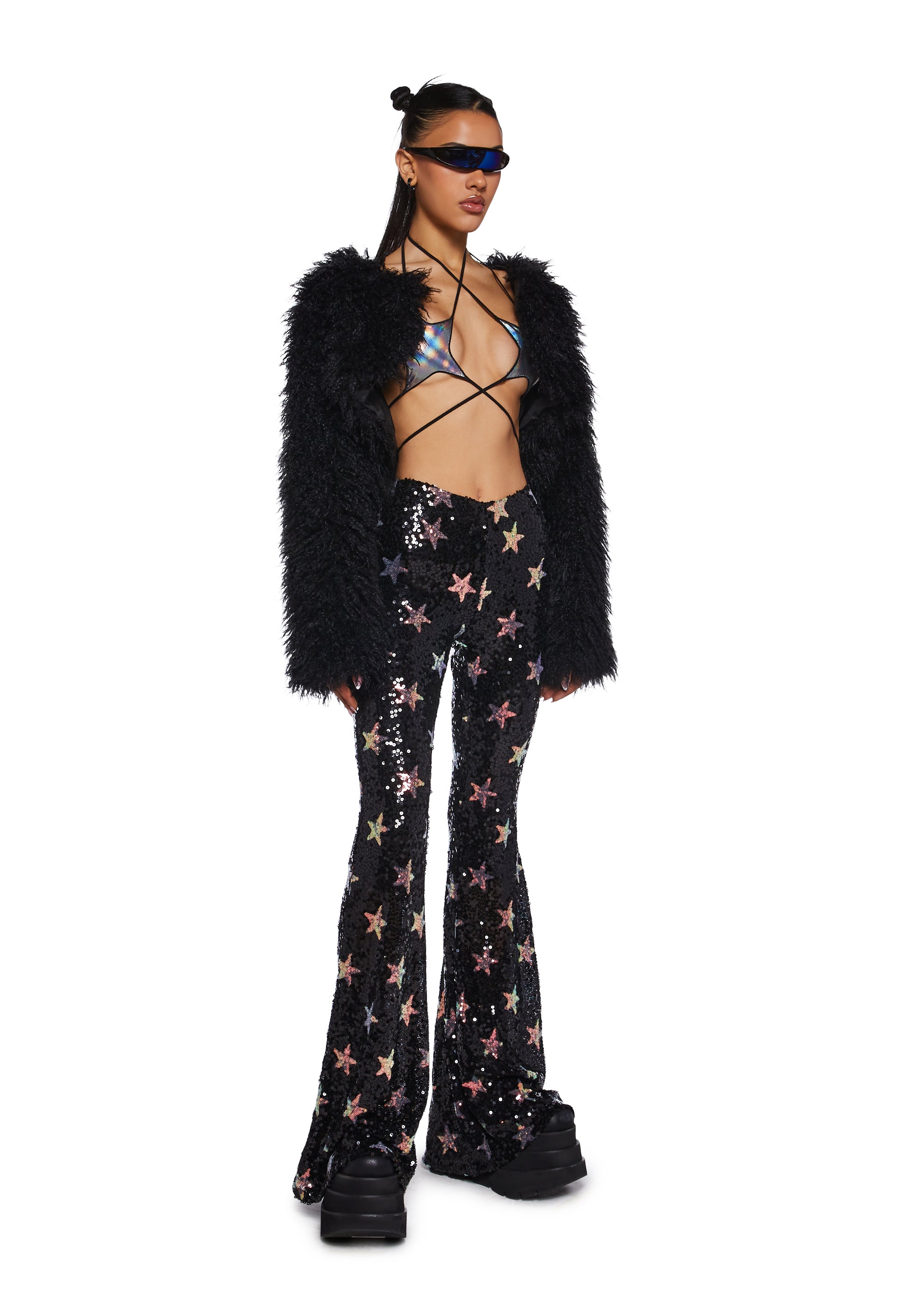 Sequin Star Super Flare Pants Club Exx - Black – Dolls Kill