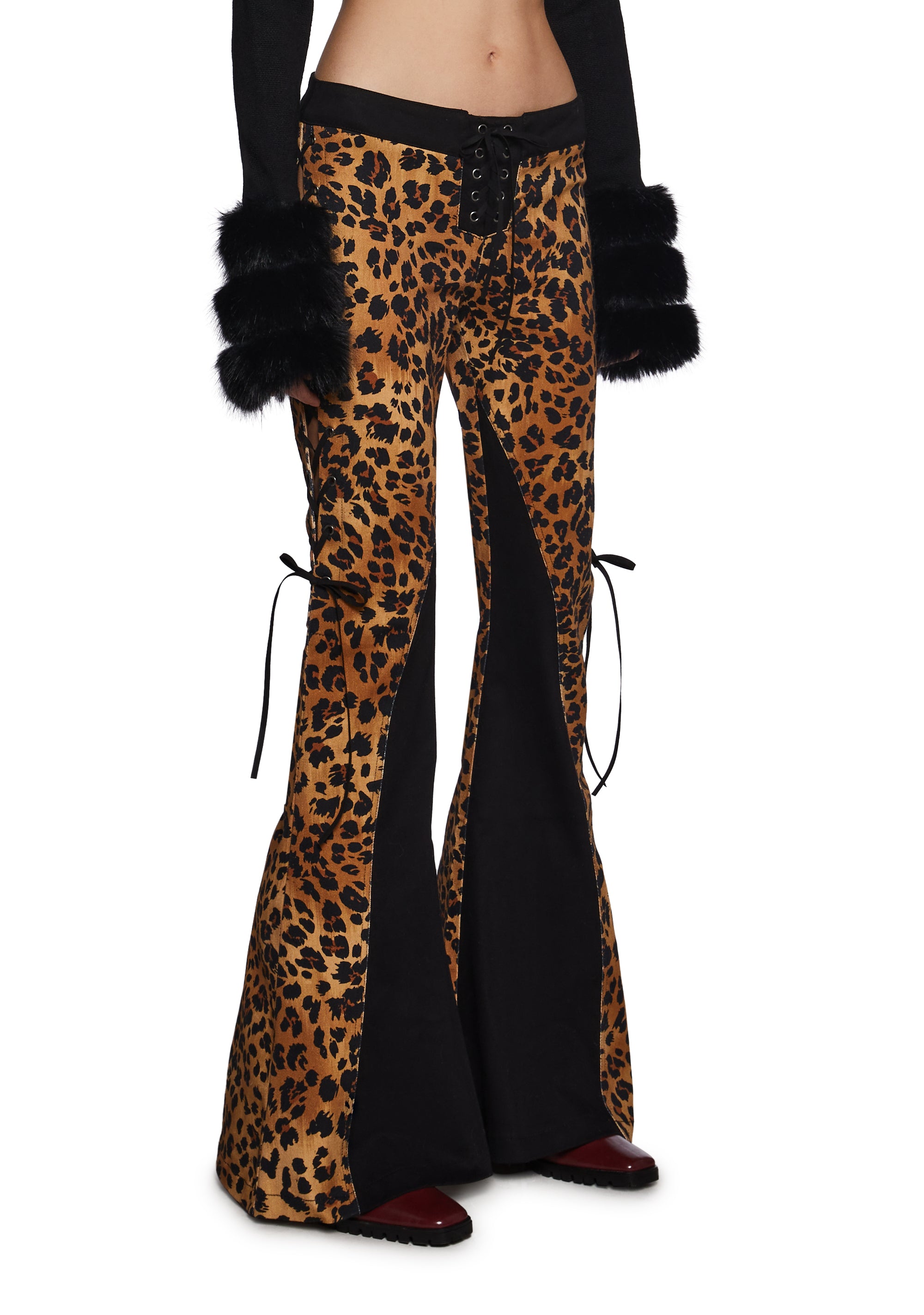 Leopard Print Denim Lace-Up Flare Pants Current Mood Leopard